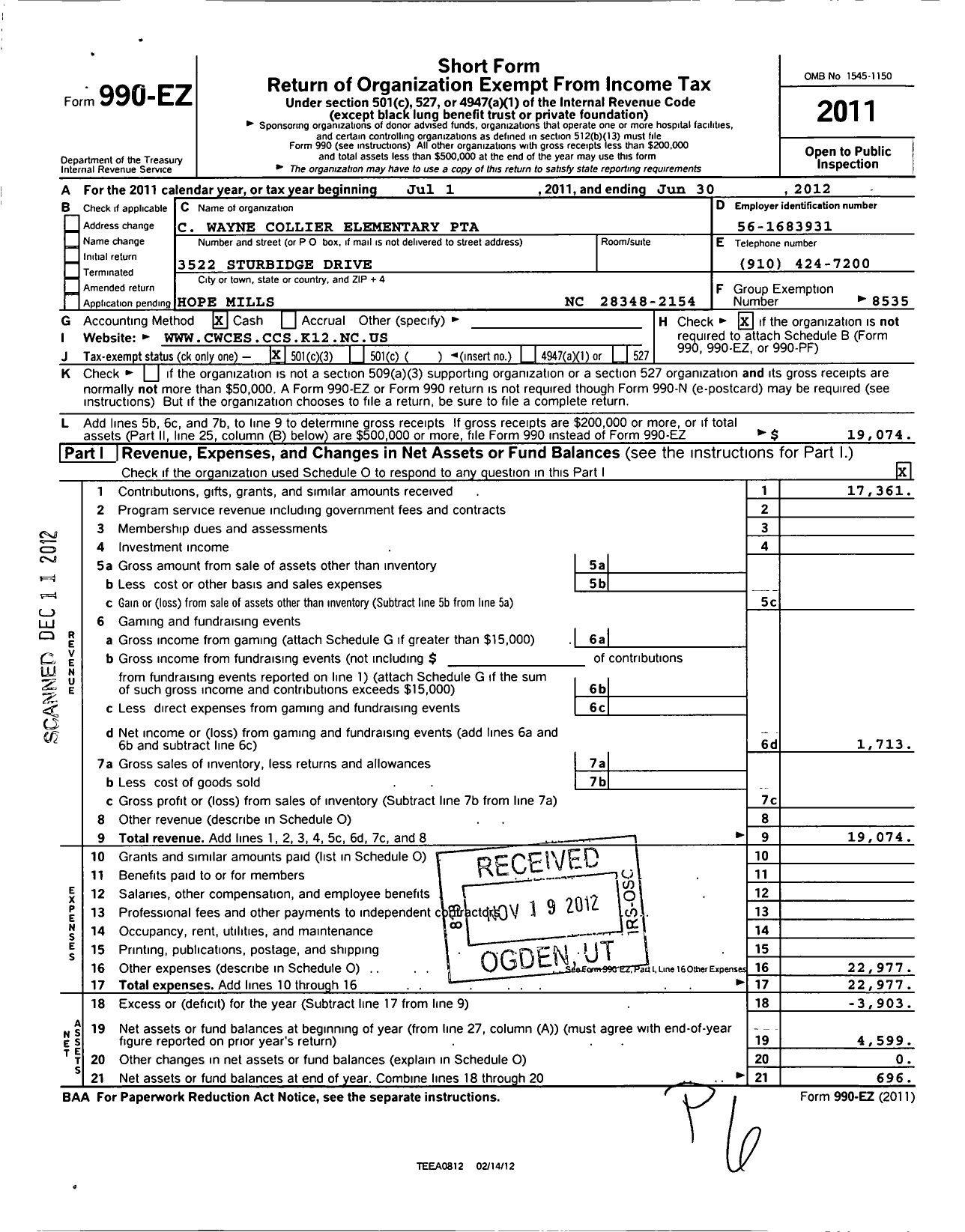 Image of first page of 2011 Form 990EZ for North Carolina PTA - C Wayne Collier Elem School PTA