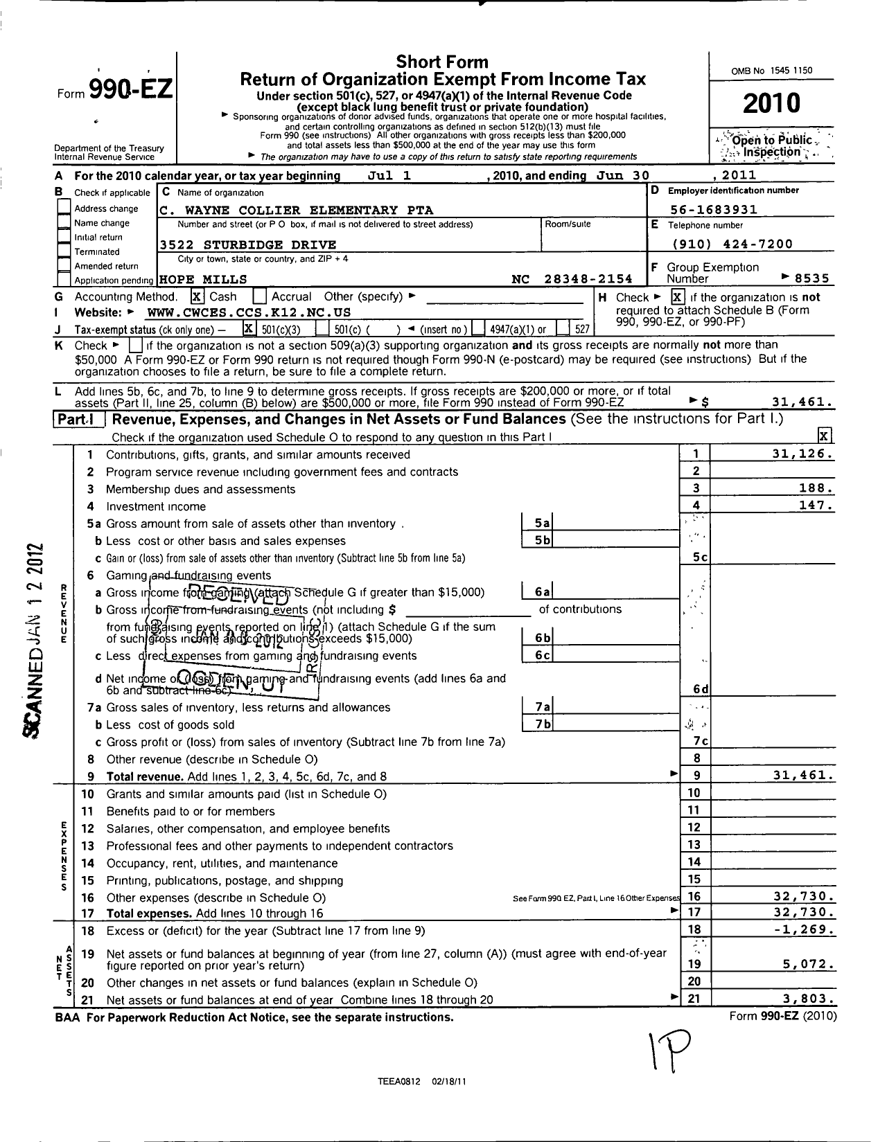 Image of first page of 2010 Form 990EZ for North Carolina PTA - C Wayne Collier Elem School PTA