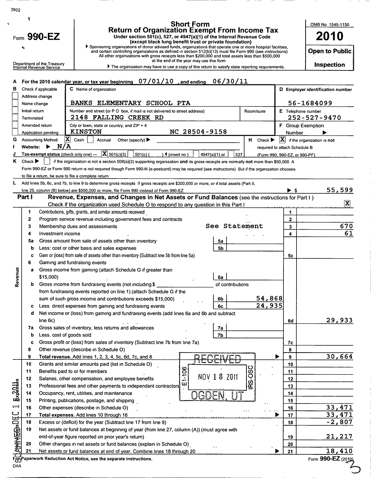 Image of first page of 2010 Form 990EZ for North Carolina PTA - Banks Elementary School PTA
