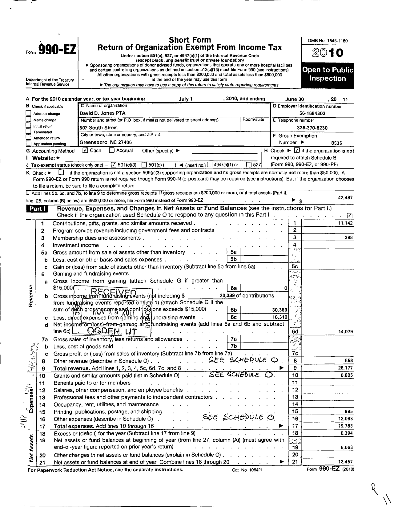 Image of first page of 2010 Form 990EZ for David D Jones PTA