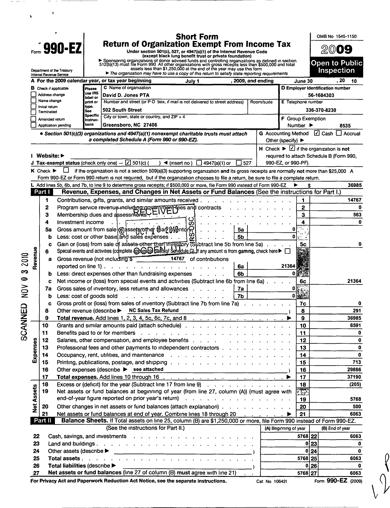 Image of first page of 2009 Form 990EO for David D Jones PTA