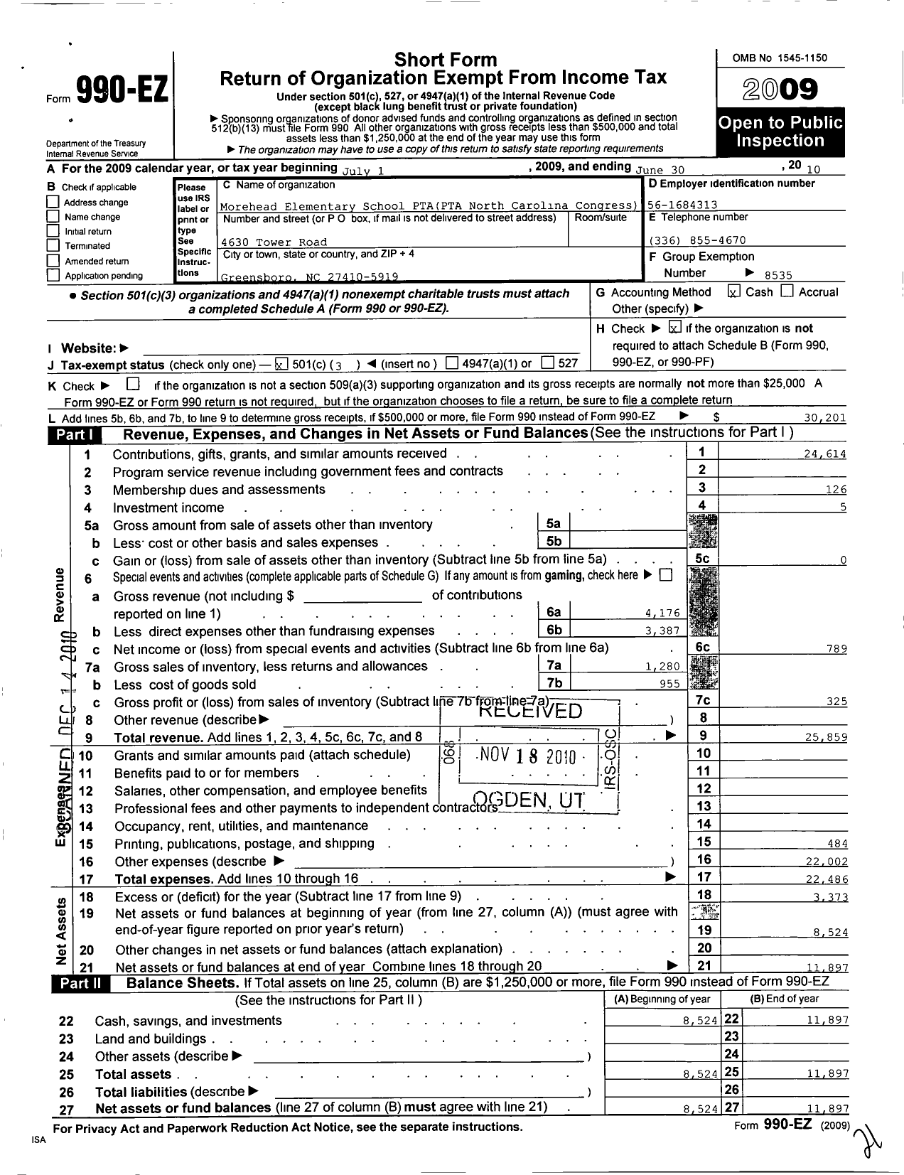 Image of first page of 2009 Form 990EZ for North Carolina PTA - Morehead Elementary School PTA