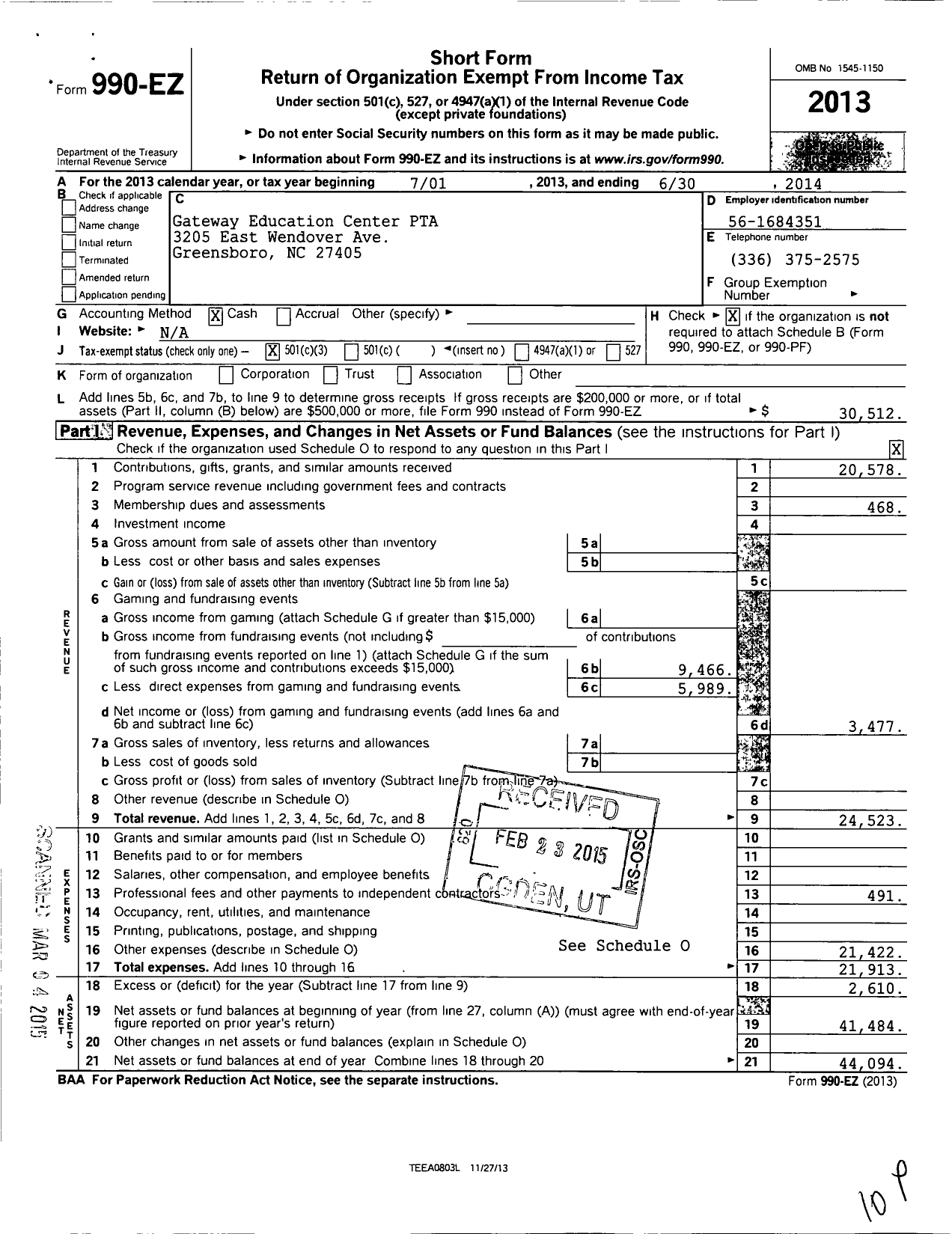 Image of first page of 2013 Form 990EZ for North Carolina PTA - Gateway Education Center PTA