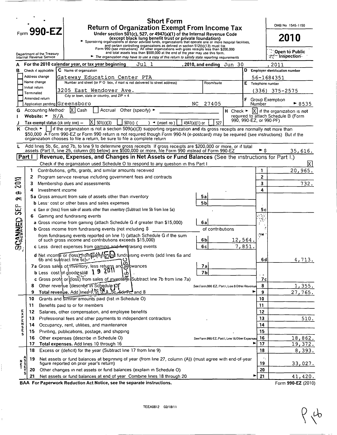 Image of first page of 2010 Form 990EZ for North Carolina PTA - Gateway Education Center PTA