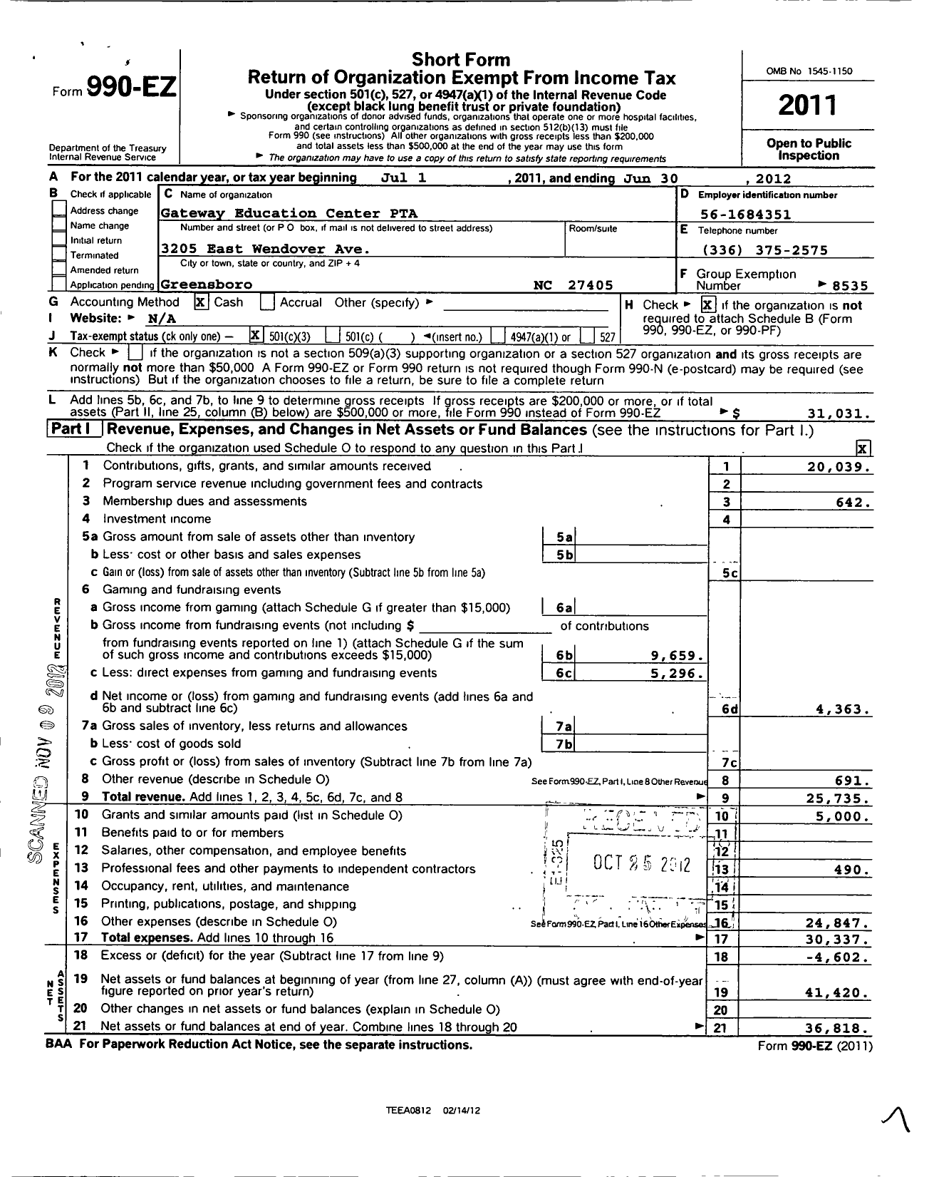 Image of first page of 2011 Form 990EZ for North Carolina PTA - Gateway Education Center PTA