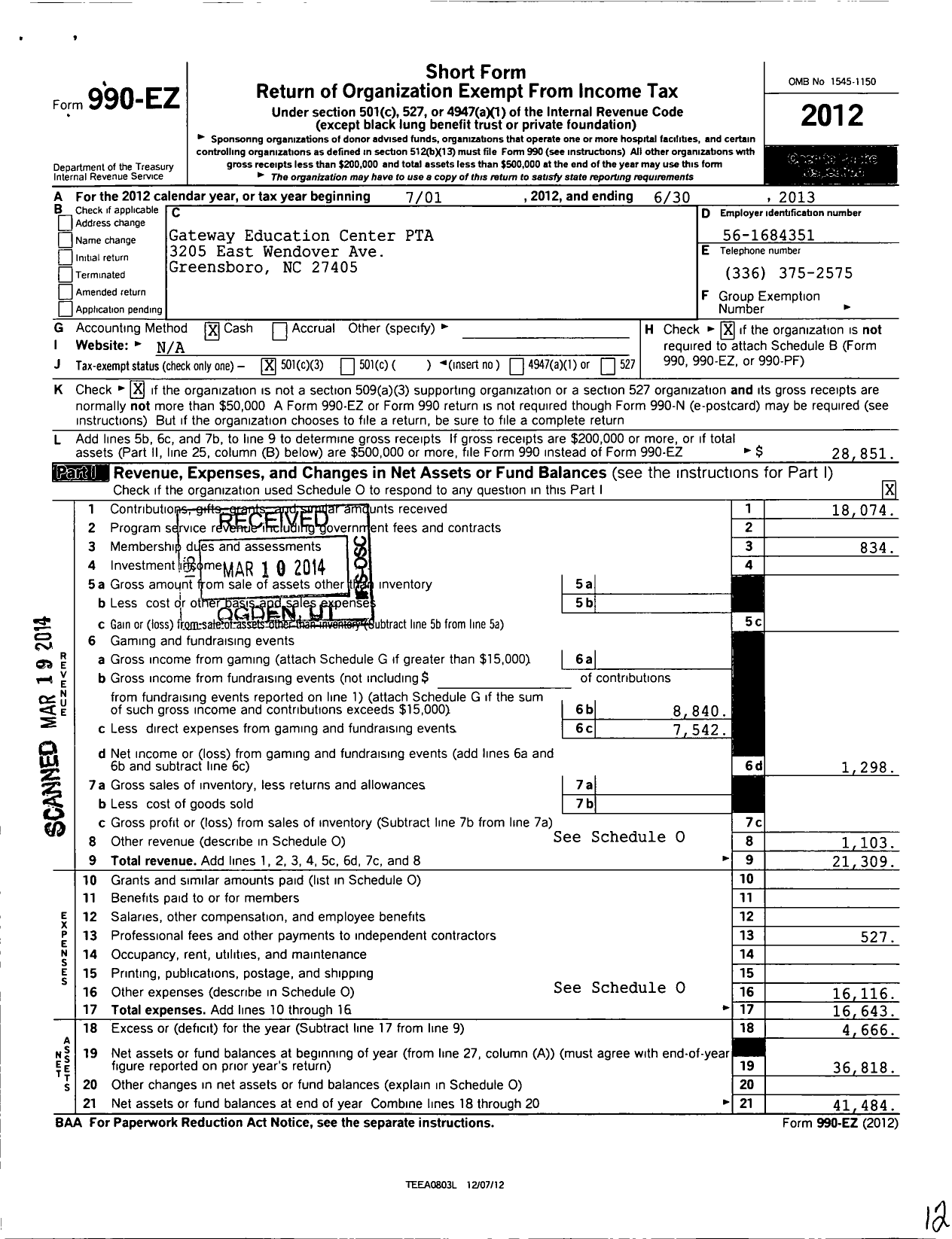 Image of first page of 2012 Form 990EZ for North Carolina PTA - Gateway Education Center PTA