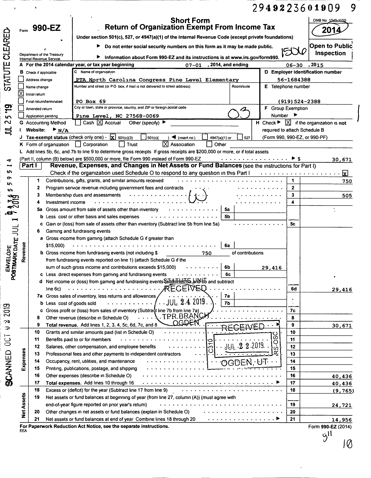 Image of first page of 2014 Form 990EZ for North Carolina PTA - Pine Level Elementary PTA