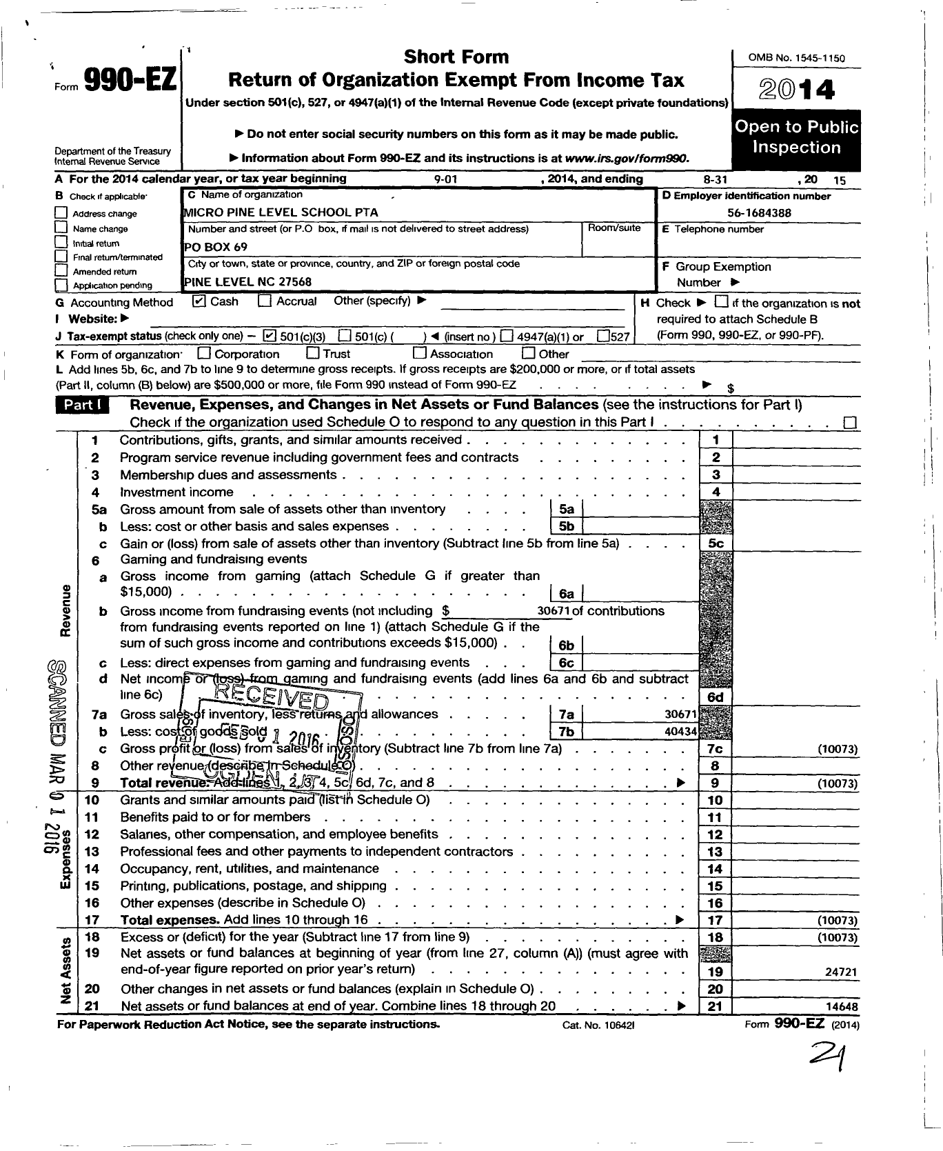 Image of first page of 2014 Form 990EZ for North Carolina PTA - Pine Level Elementary PTA