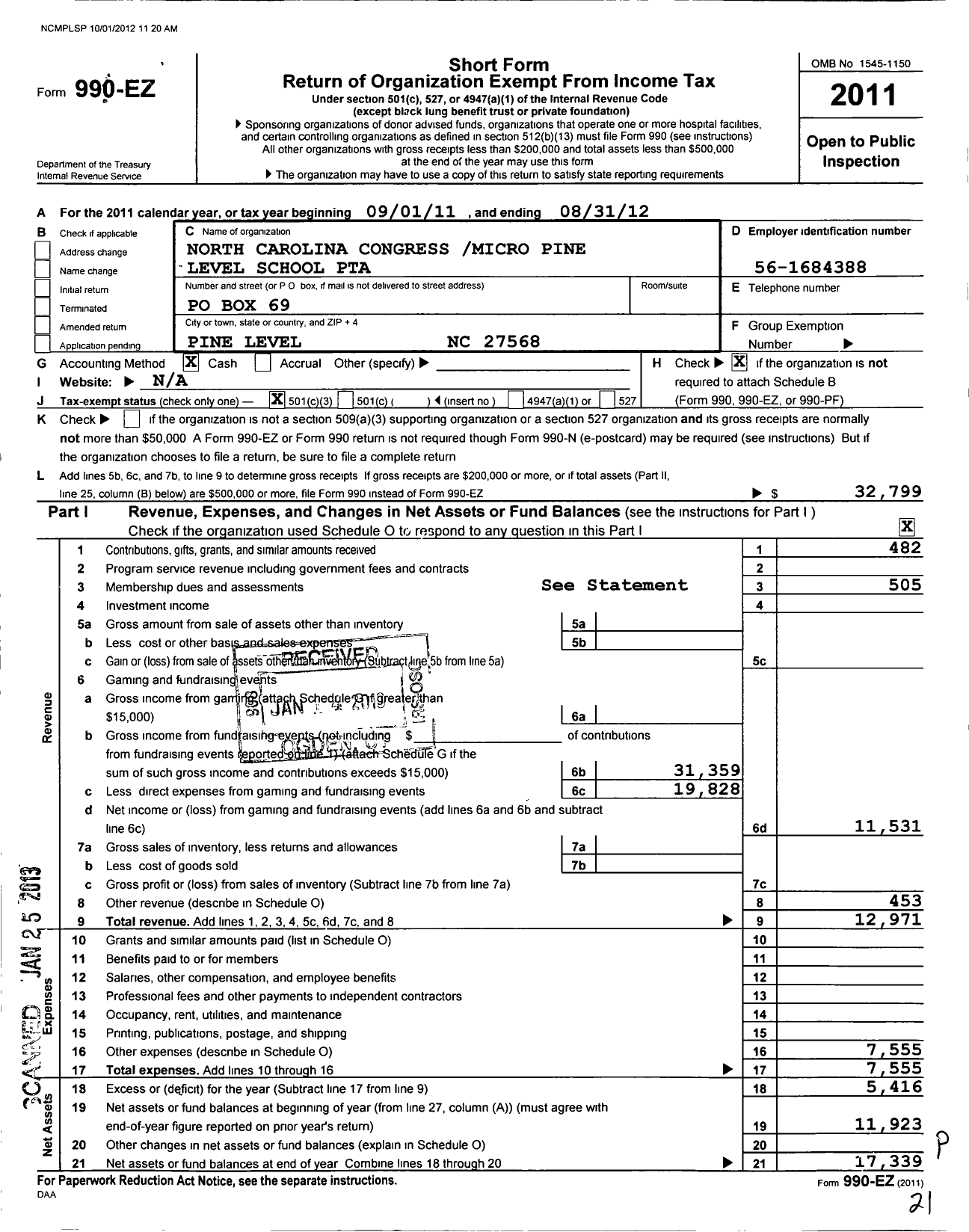 Image of first page of 2011 Form 990EZ for North Carolina PTA - Pine Level Elementary PTA