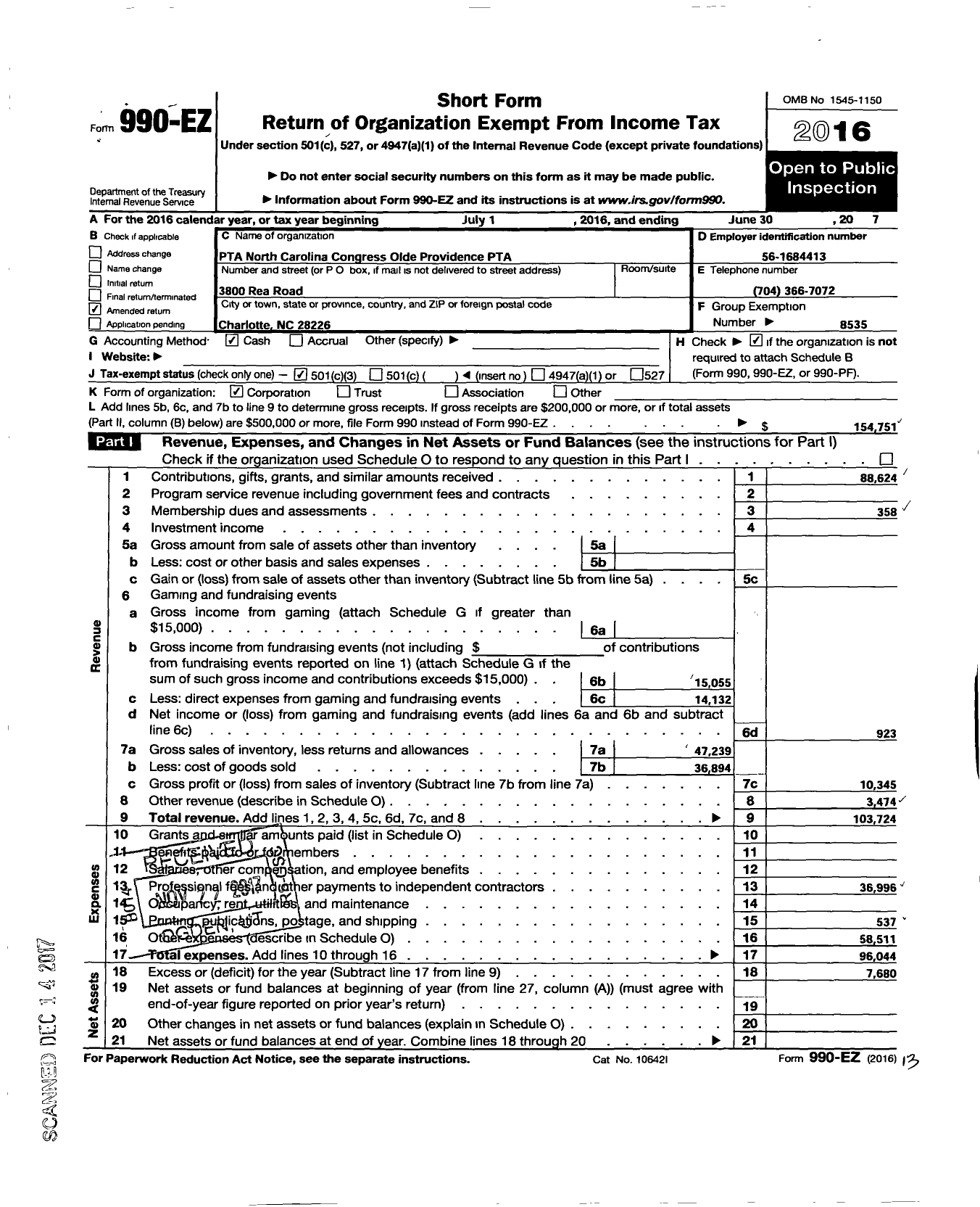 Image of first page of 2016 Form 990EZ for North Carolina PTA - Olde Providence Elem School PTA