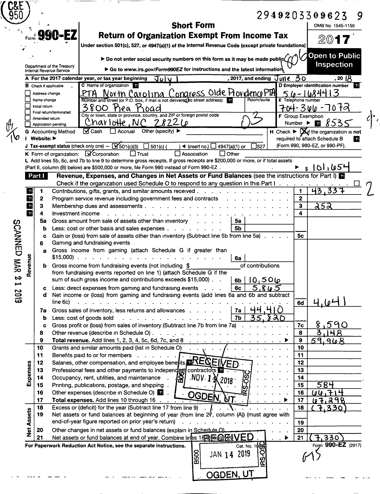 Image of first page of 2017 Form 990EZ for North Carolina PTA - Olde Providence Elem School PTA