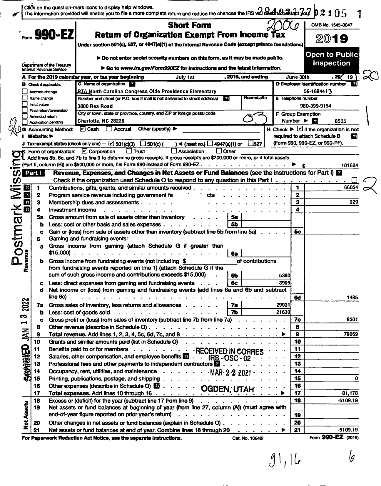 Image of first page of 2019 Form 990EZ for North Carolina PTA - Olde Providence Elem School PTA