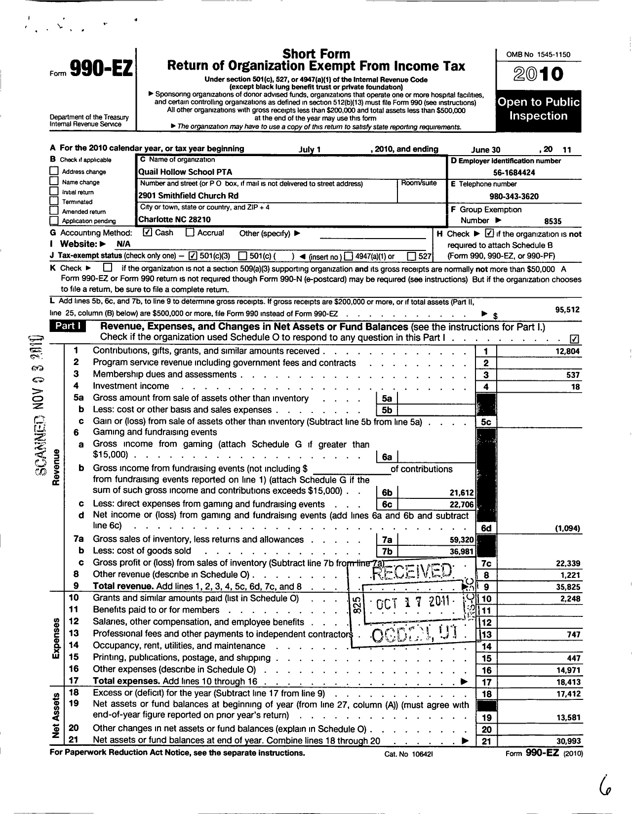 Image of first page of 2010 Form 990EZ for North Carolina PTA - Quail Hollow School PTA