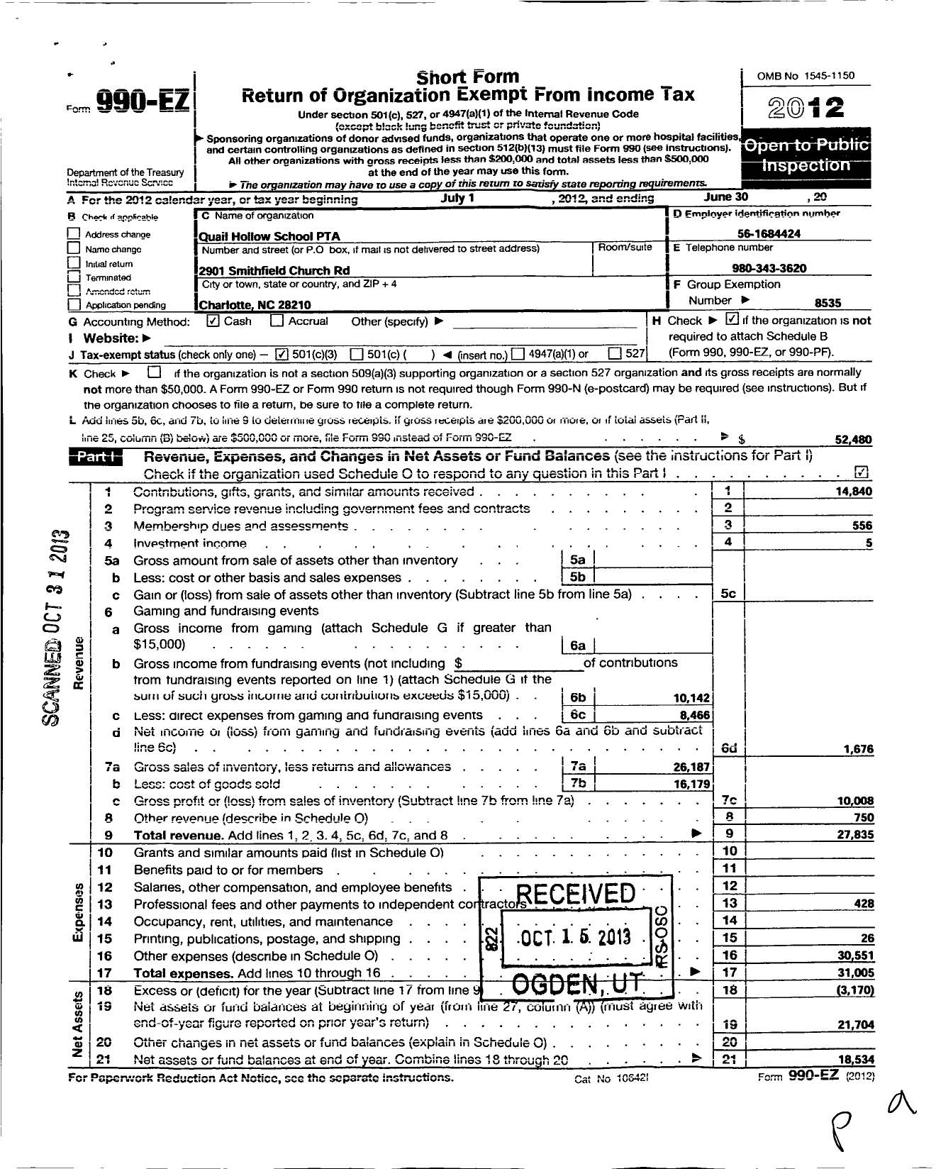 Image of first page of 2011 Form 990EZ for North Carolina PTA - Quail Hollow School PTA