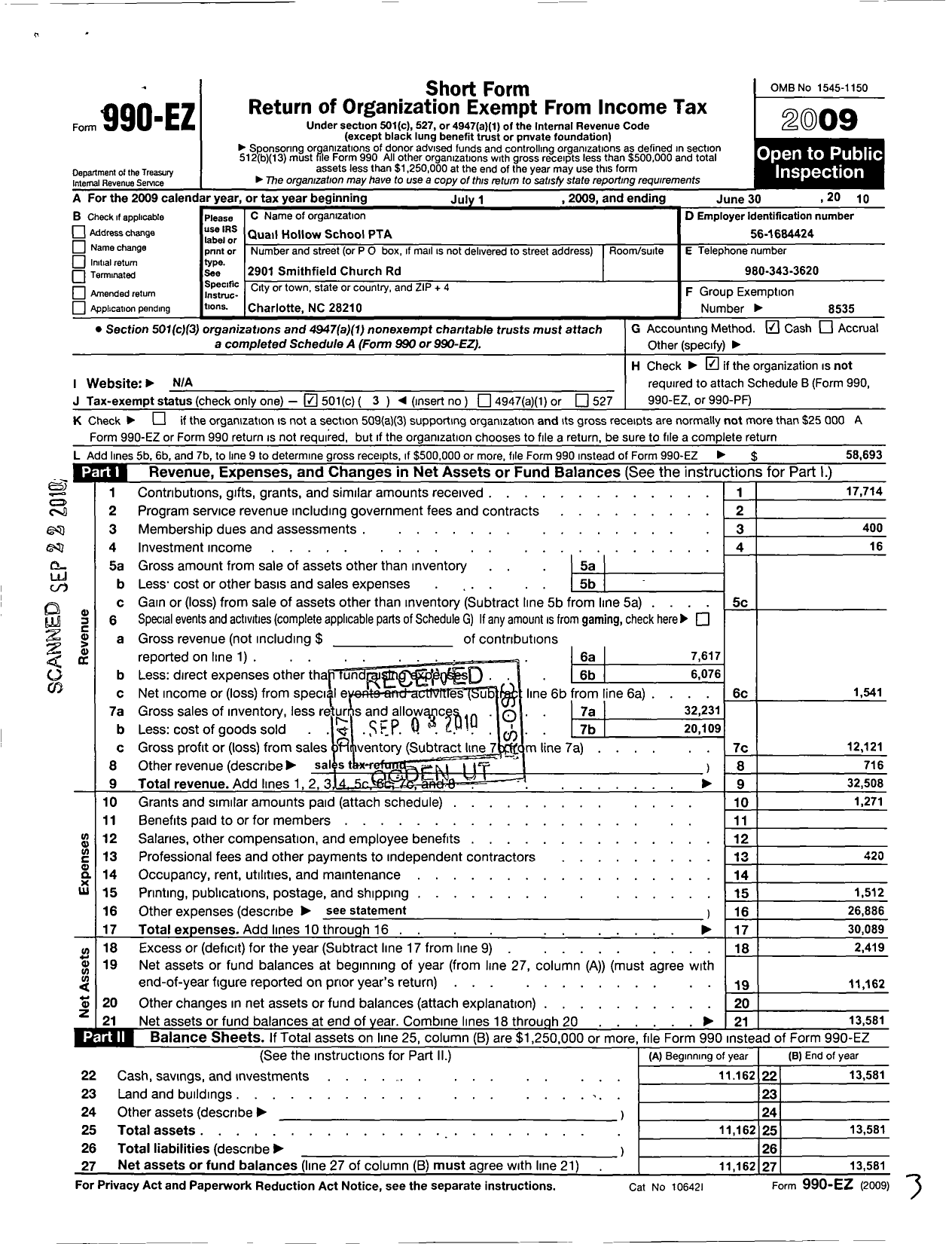 Image of first page of 2009 Form 990EZ for North Carolina PTA - Quail Hollow School PTA