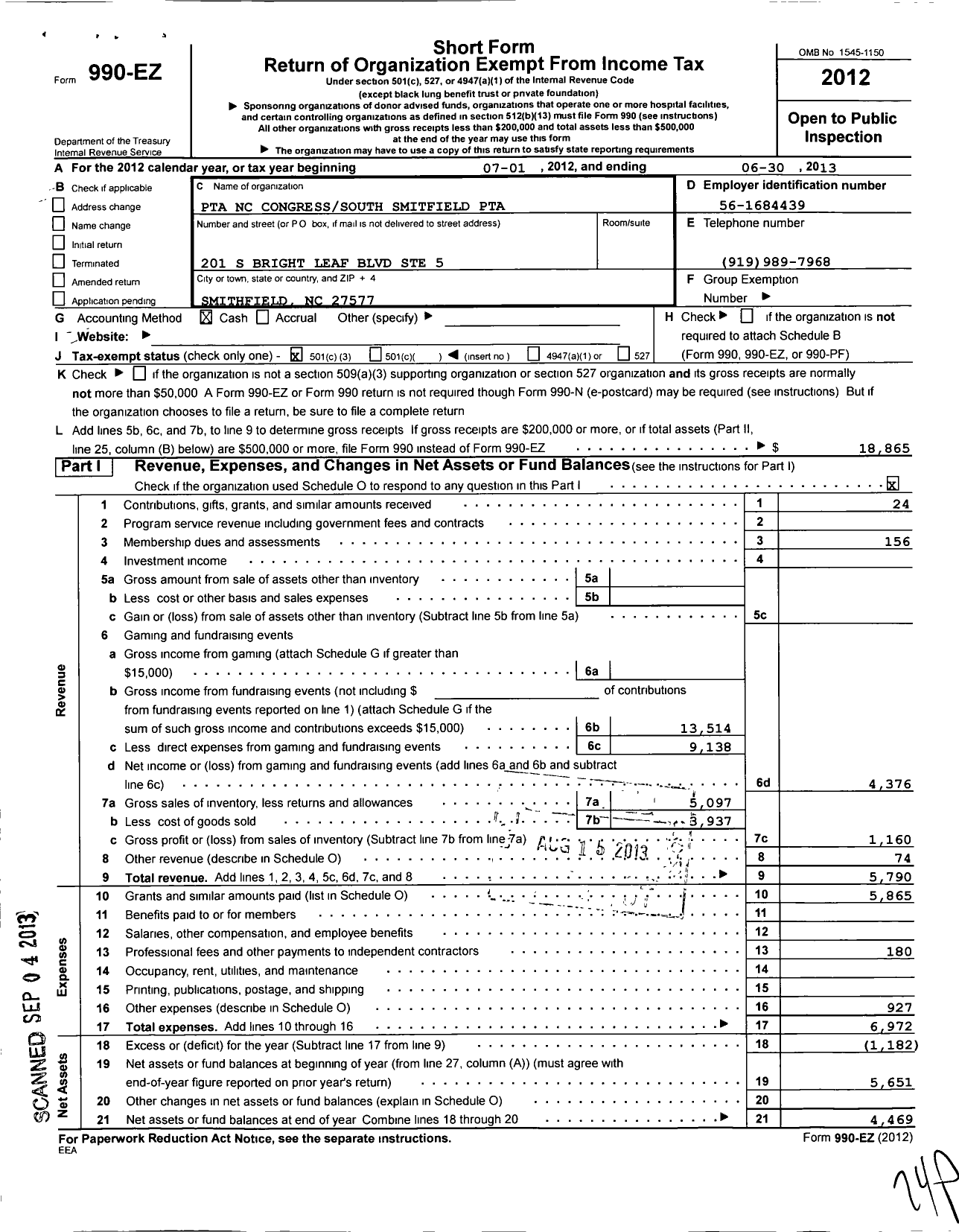 Image of first page of 2012 Form 990EZ for North Carolina PTA - South Smithfield Elem PTA