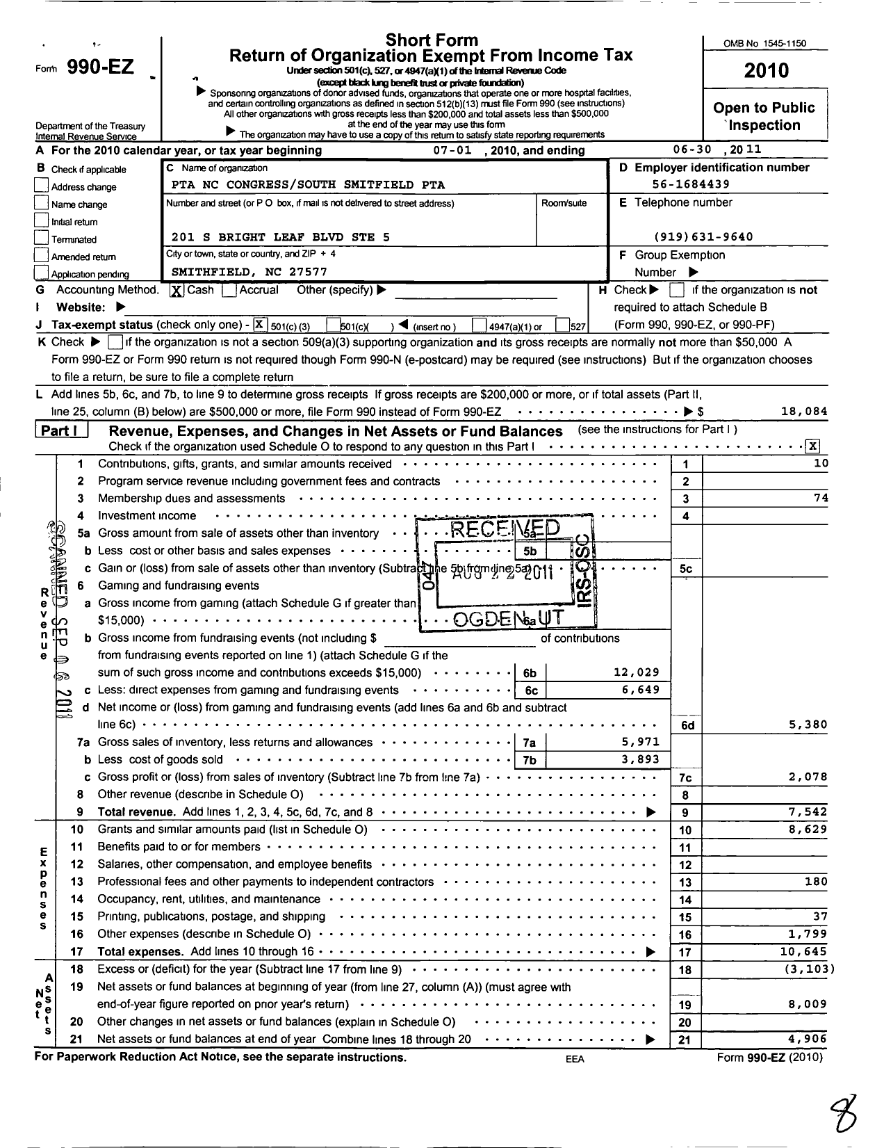 Image of first page of 2010 Form 990EZ for North Carolina PTA - South Smithfield Elem PTA