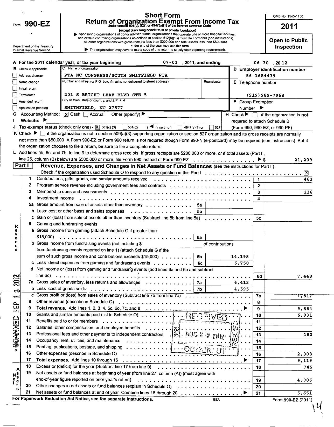 Image of first page of 2011 Form 990EZ for North Carolina PTA - South Smithfield Elem PTA