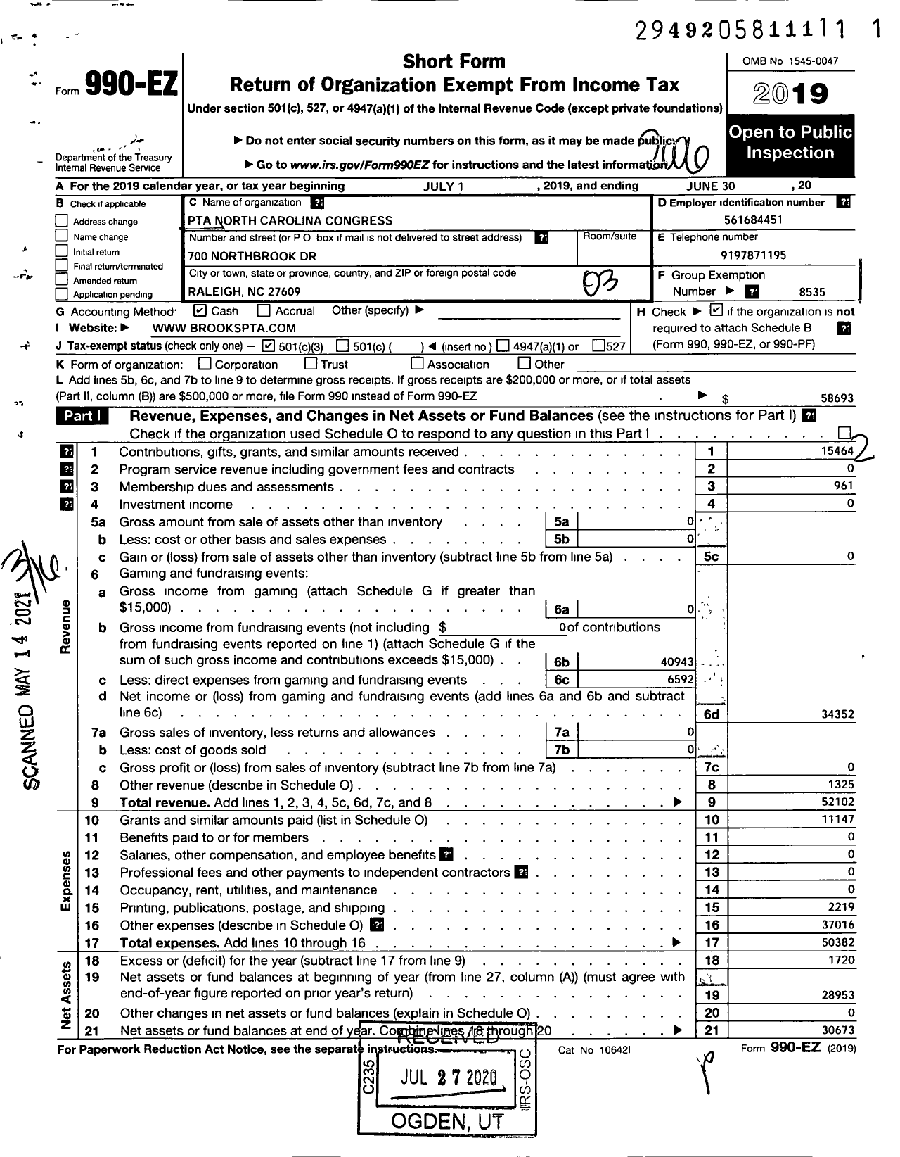 Image of first page of 2019 Form 990EZ for North Carolina PTA - Brooks Elementary School PTA