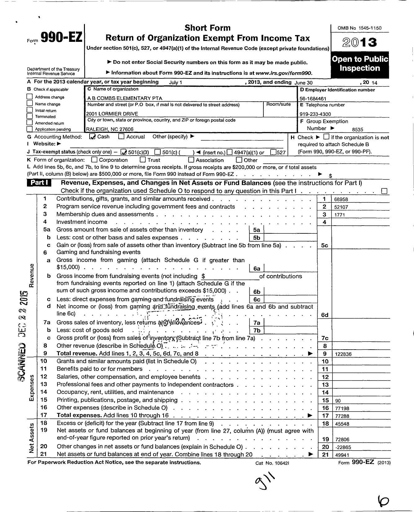 Image of first page of 2013 Form 990EZ for North Carolina PTA - Ab Combs Elementary School PTA