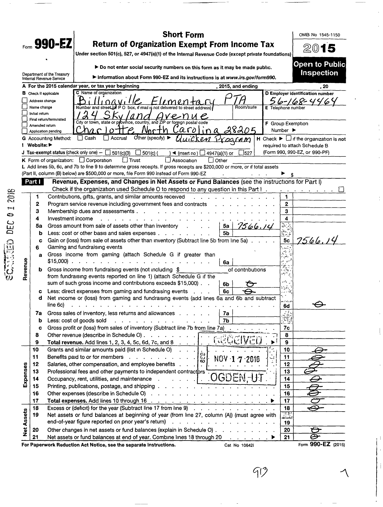 Image of first page of 2015 Form 990EO for North Carolina PTA - Billingsville Elementary School PTA
