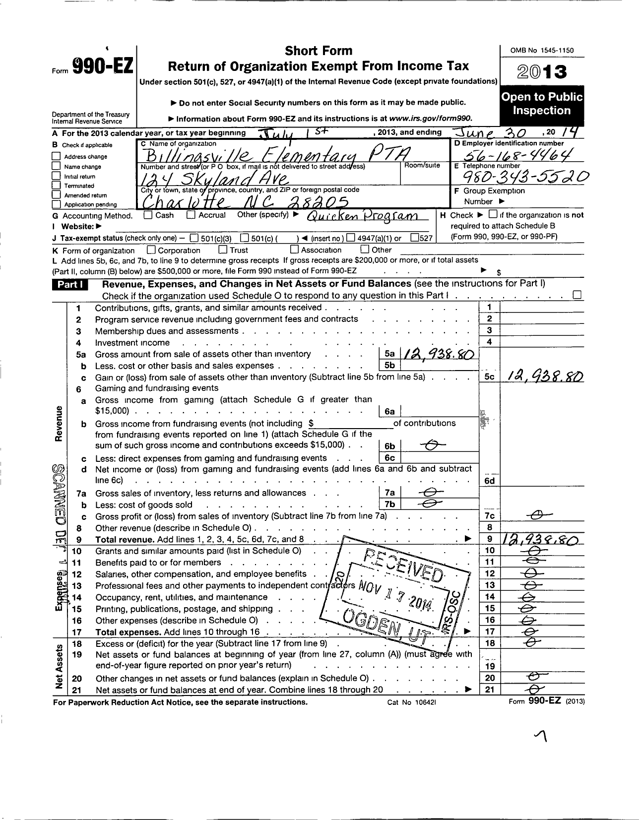 Image of first page of 2013 Form 990EO for North Carolina PTA - Billingsville Elementary School PTA