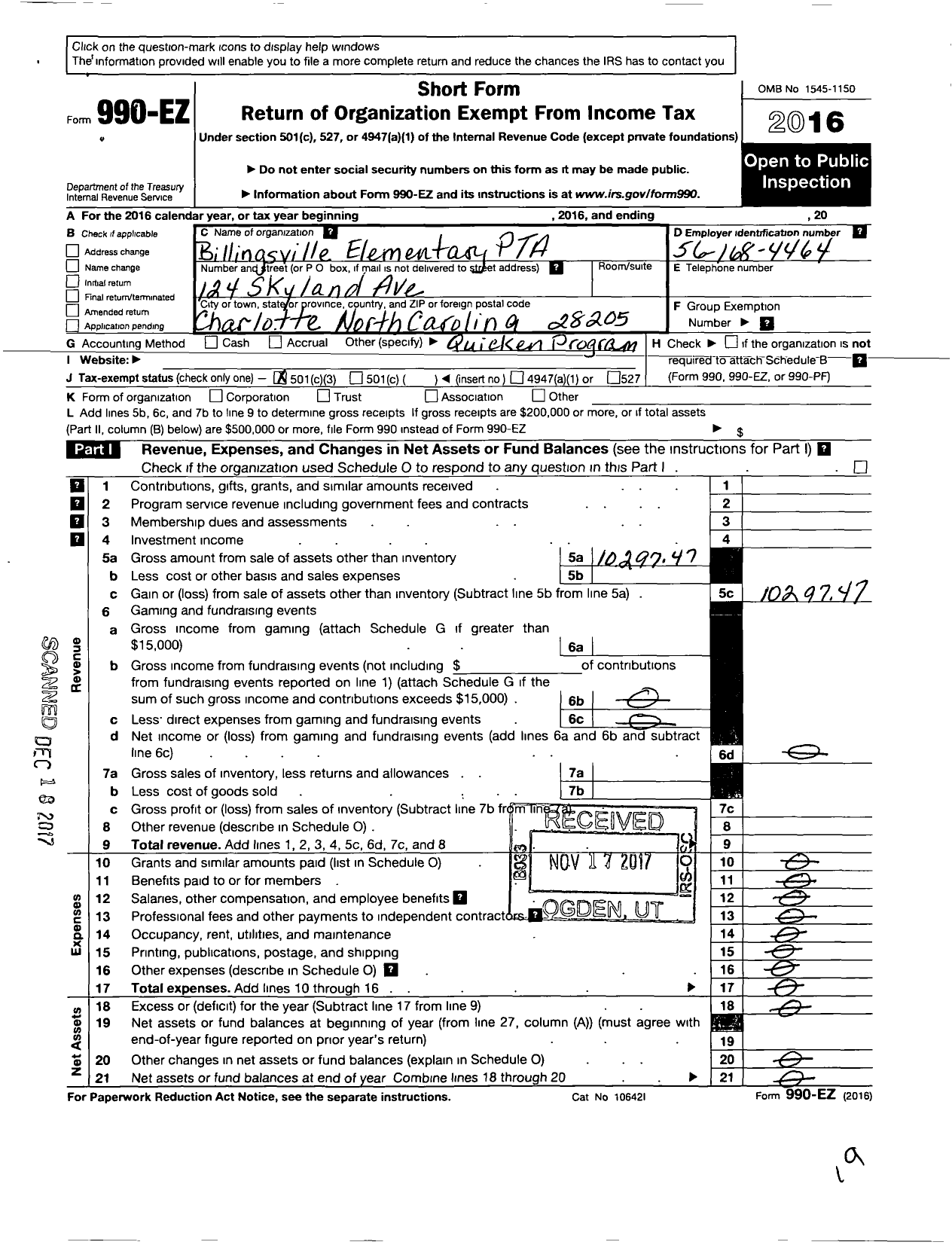 Image of first page of 2016 Form 990EZ for North Carolina PTA - Billingsville Elementary School PTA