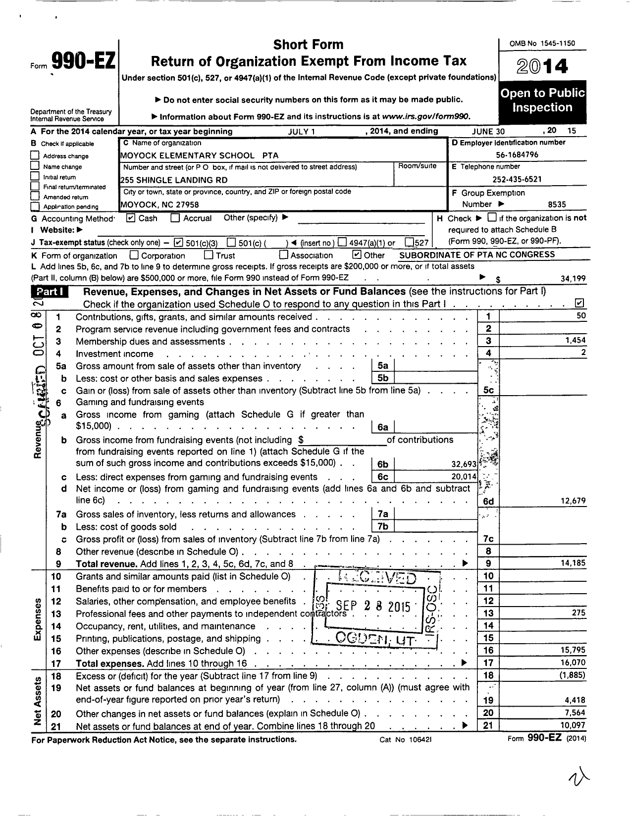 Image of first page of 2014 Form 990EZ for North Carolina PTA - Moyock Elementary School