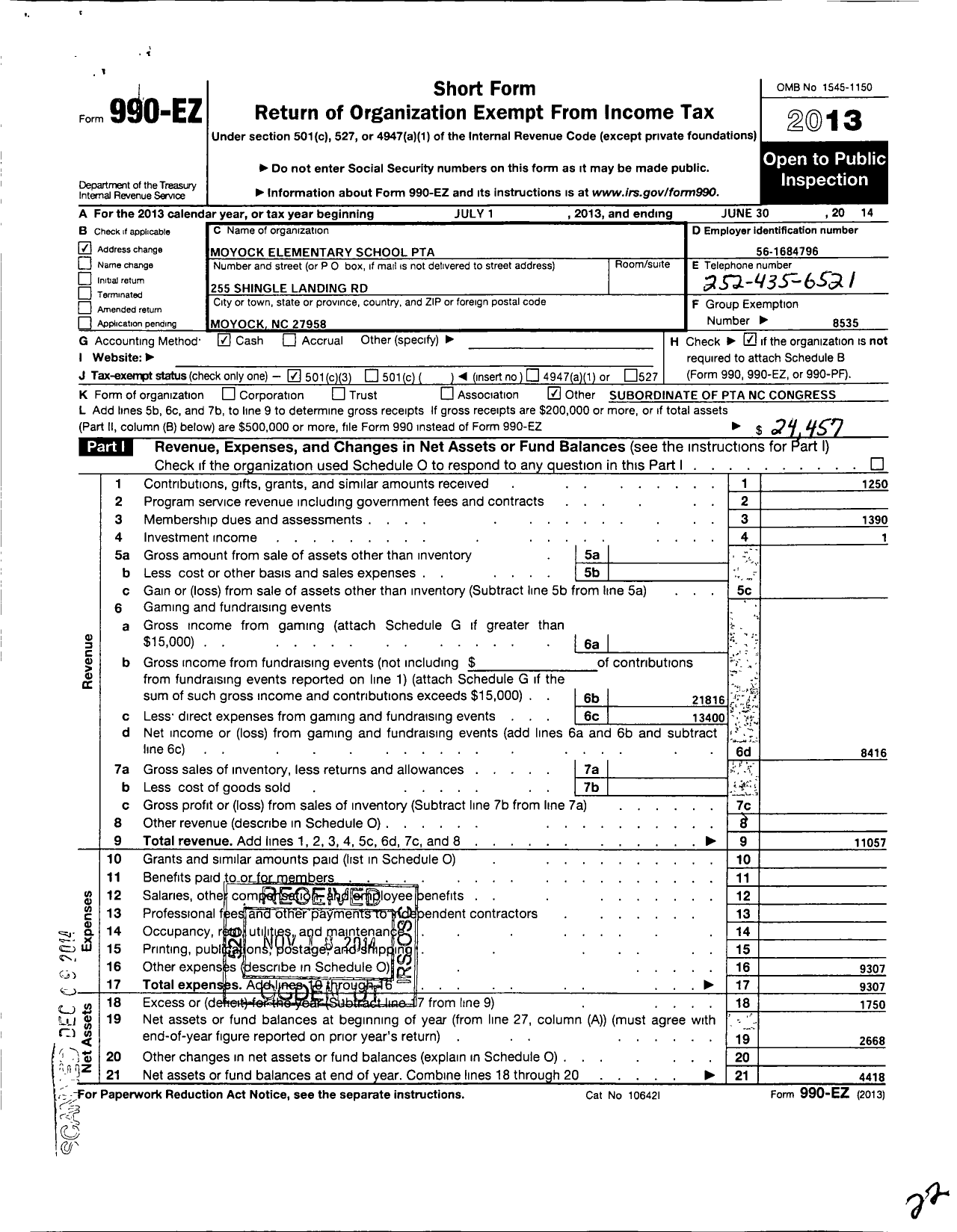 Image of first page of 2013 Form 990EZ for North Carolina PTA - Moyock Elementary School