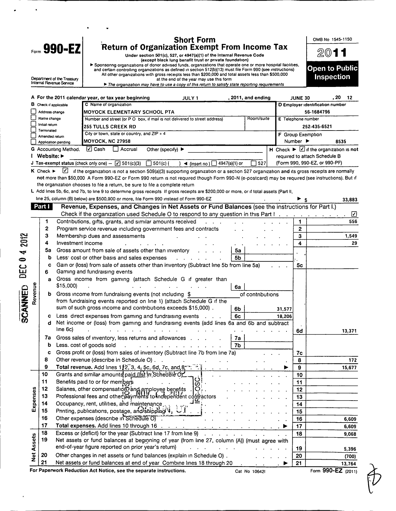 Image of first page of 2011 Form 990EZ for North Carolina PTA - Moyock Elementary School