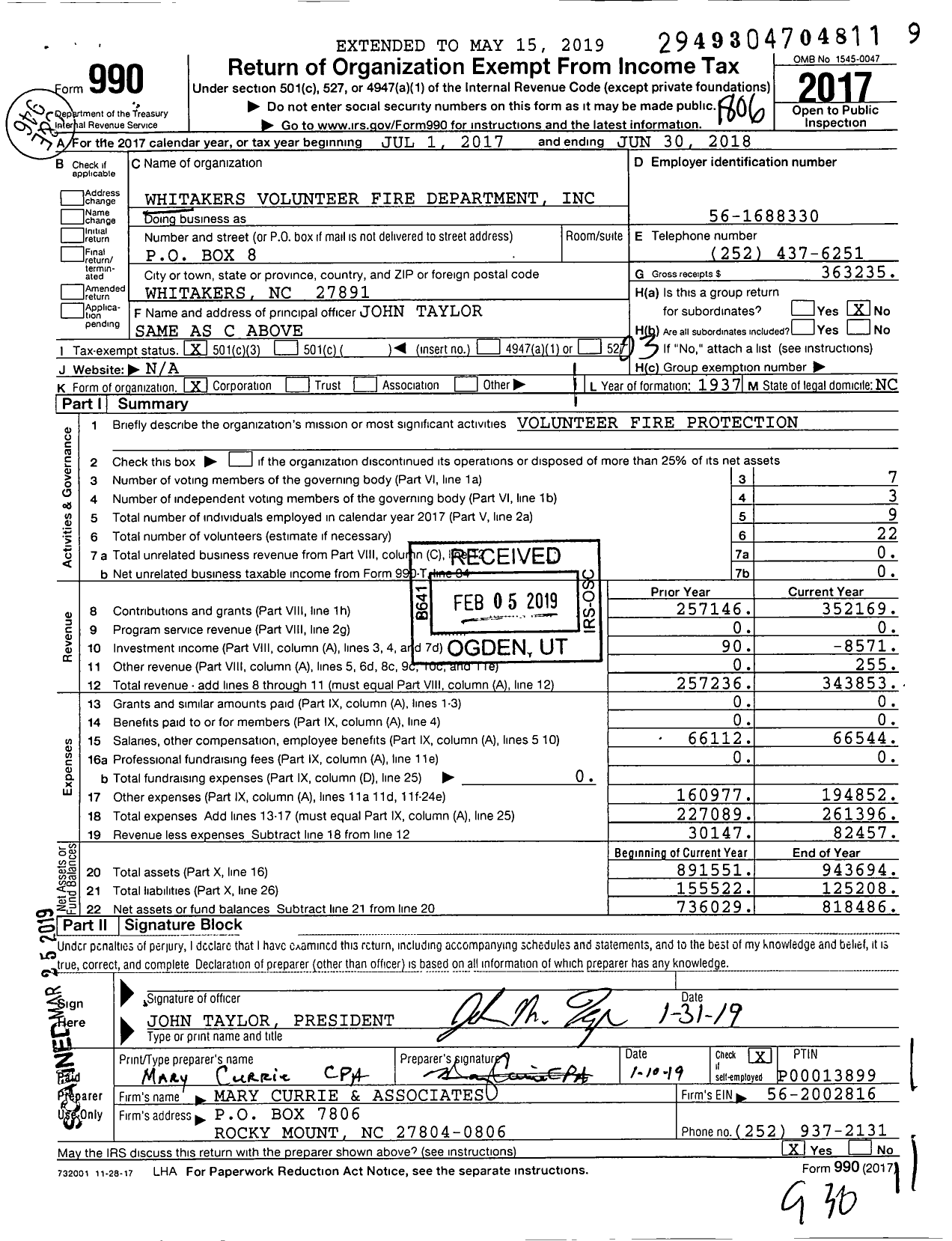 Image of first page of 2017 Form 990 for Whitakers Volunteer Fire Department