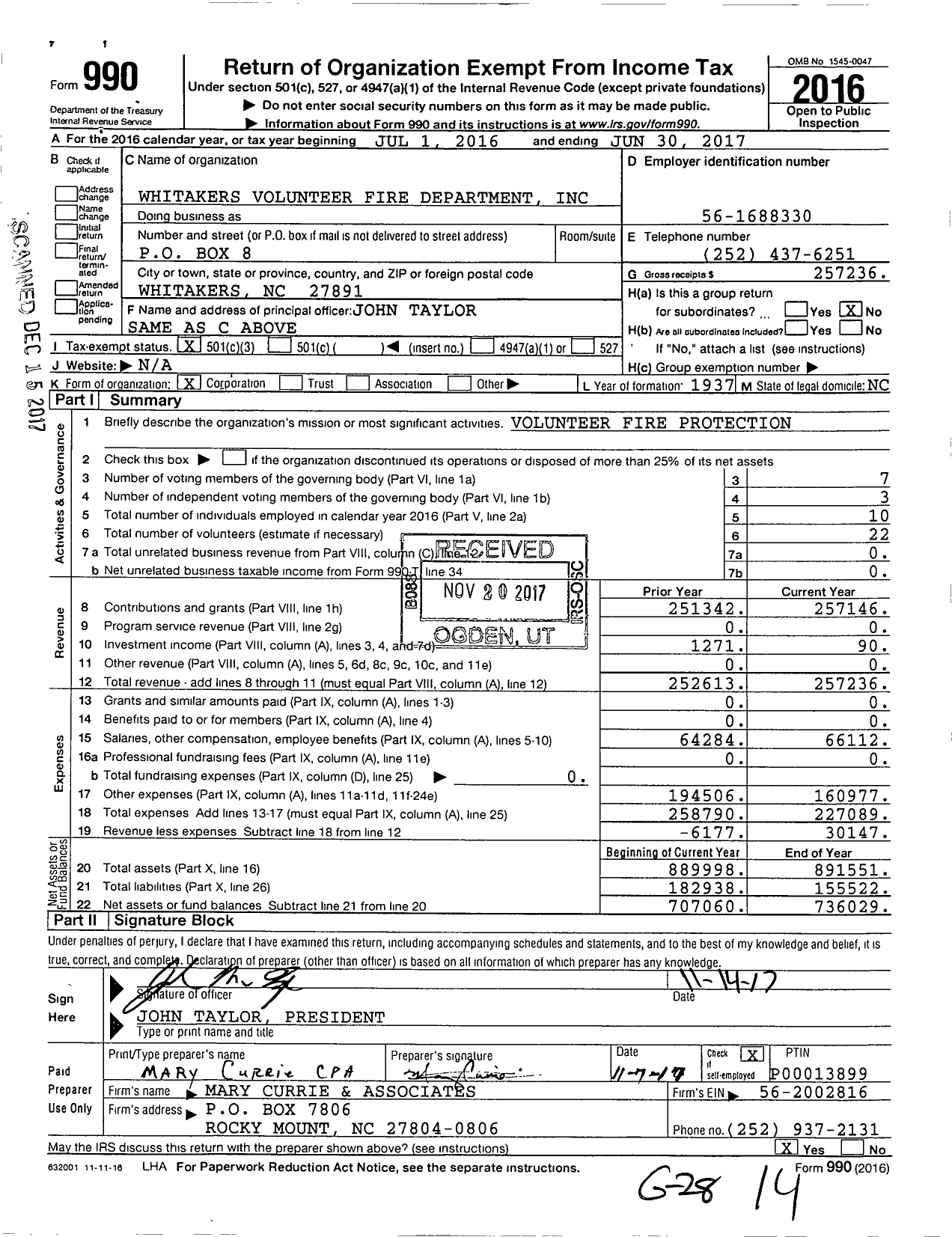 Image of first page of 2016 Form 990 for Whitakers Volunteer Fire Department