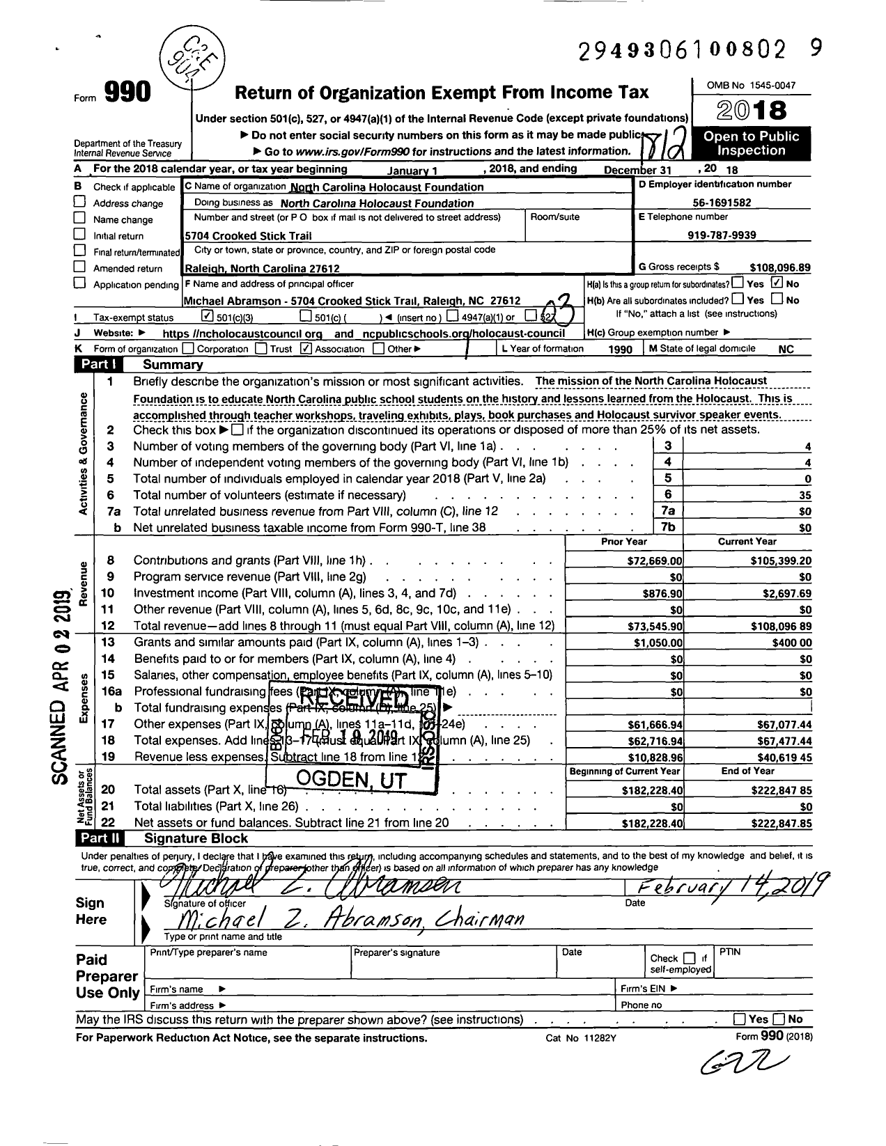 Image of first page of 2018 Form 990 for North Carolina Holocaust Foundation