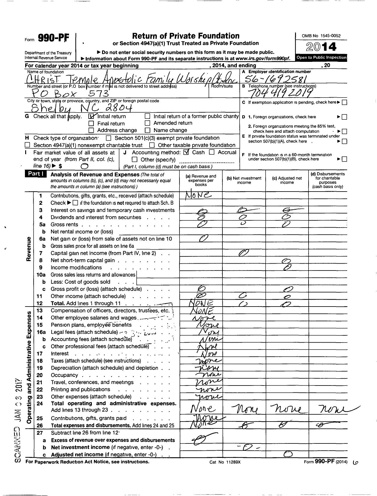 Image of first page of 2014 Form 990PF for Christ Temple Apostolic Family Worship Center