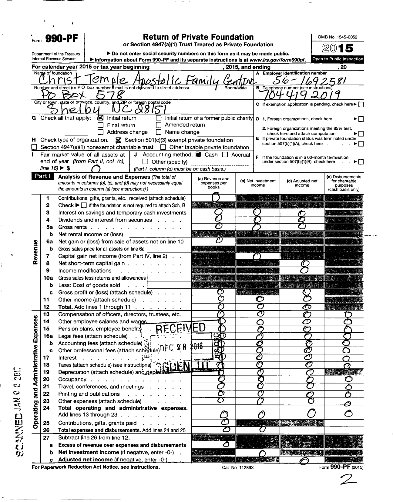 Image of first page of 2015 Form 990PF for Christ Temple Apostolic Family Worship Center