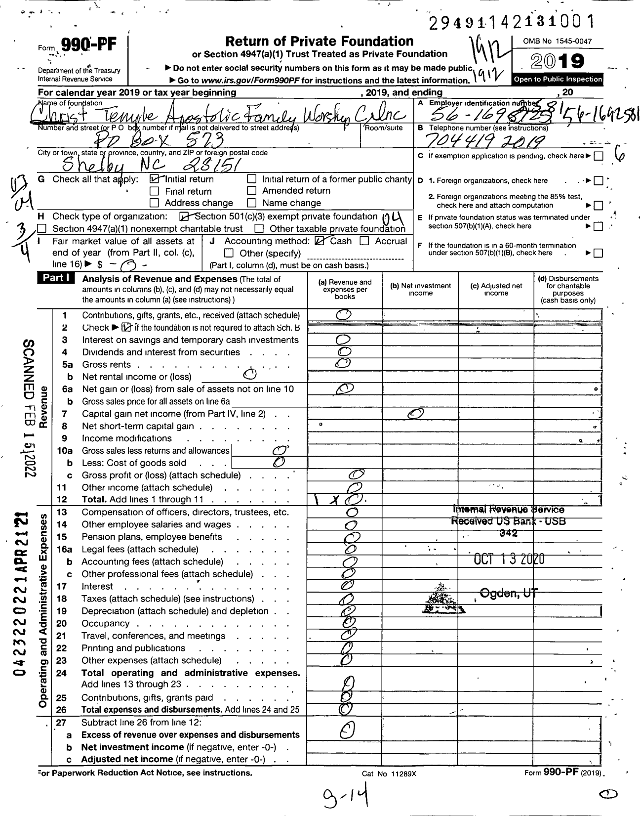 Image of first page of 2019 Form 990PF for Christ Temple Apostolic Family Worship Center