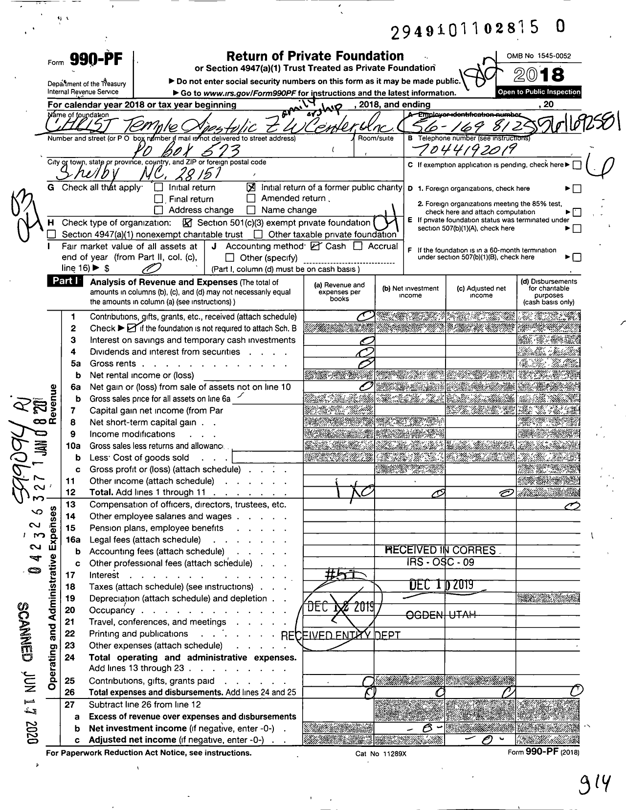 Image of first page of 2018 Form 990PR for Christ Temple Apostolic Family Worship Center