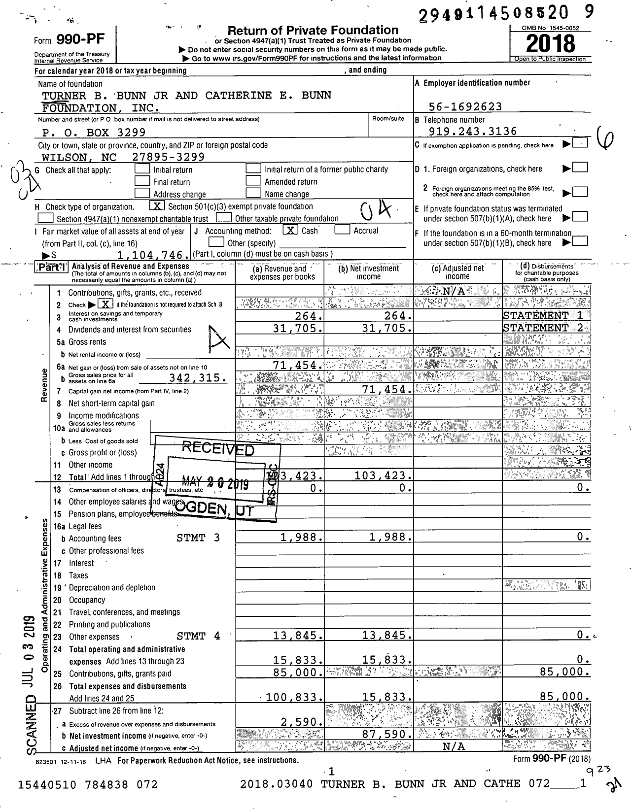 Image of first page of 2018 Form 990PF for Turner B Bunn JR and Catherine E Bunn Foundation