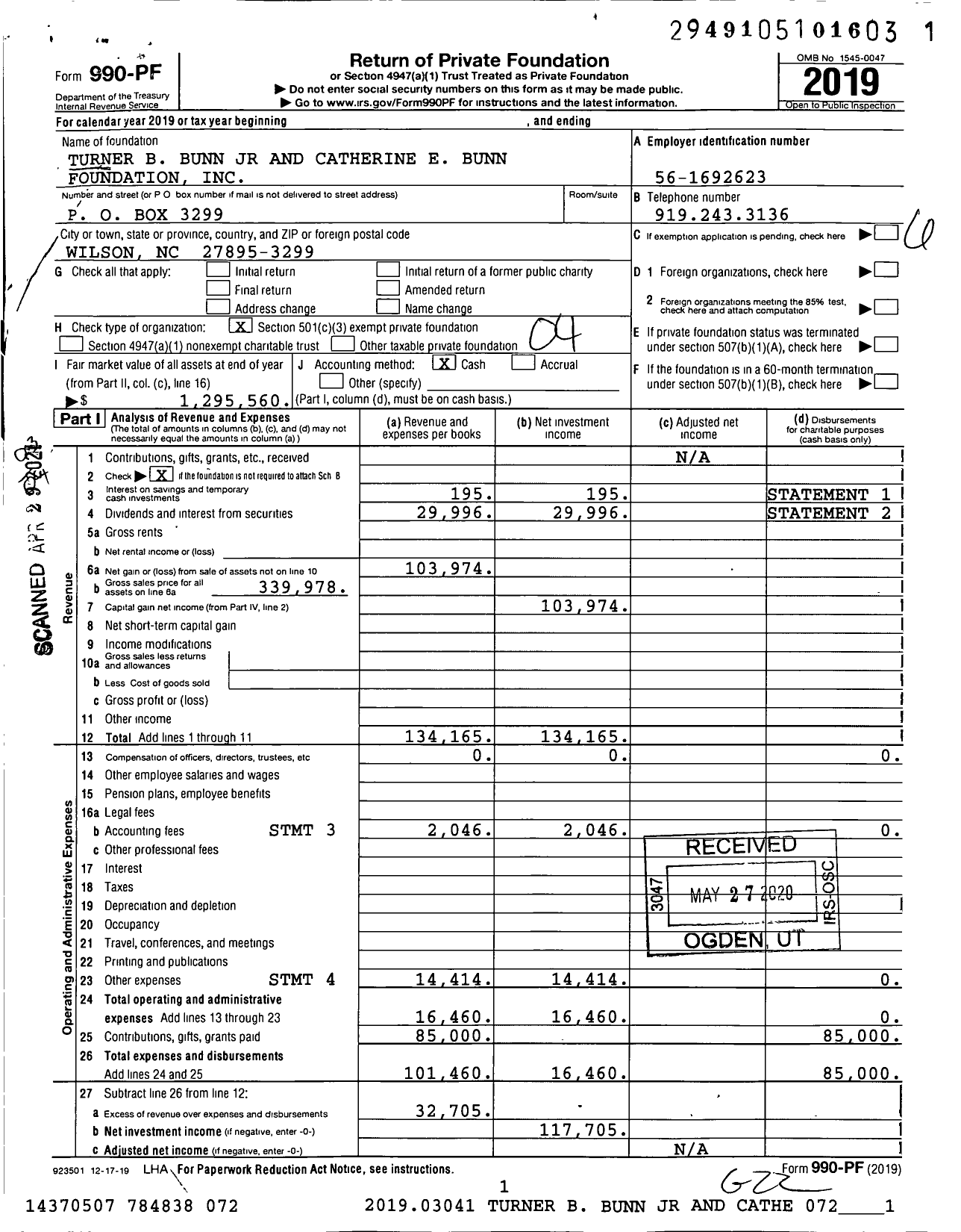 Image of first page of 2019 Form 990PF for Turner B Bunn JR and Catherine E Bunn Foundation