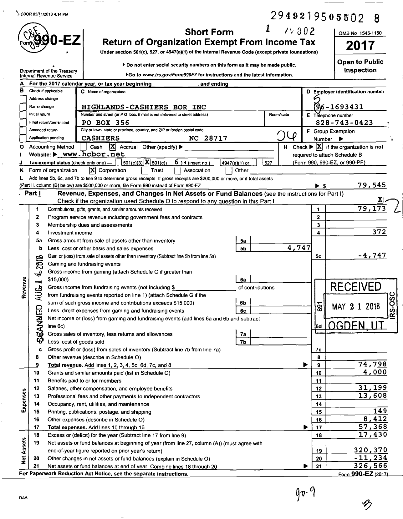 Image of first page of 2017 Form 990EO for Highlands-Cashiers Board of Realtors