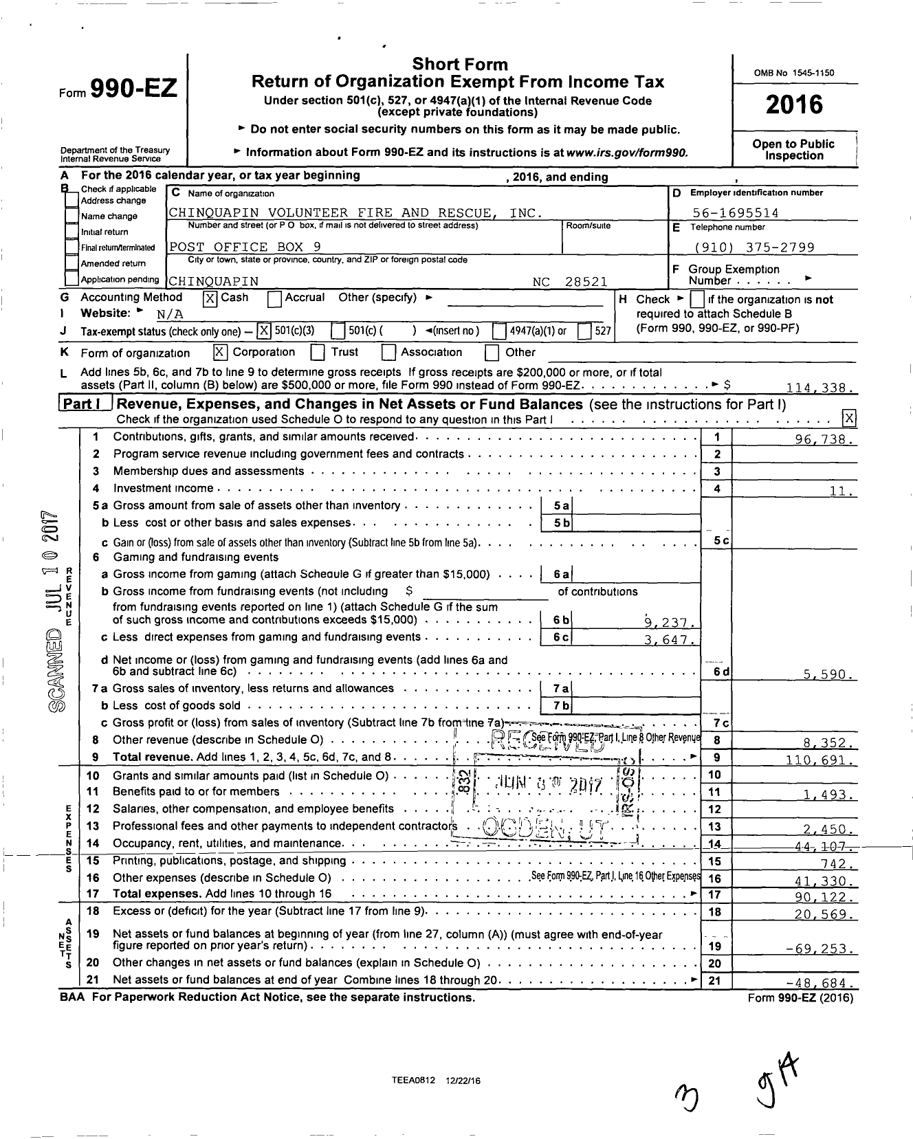 Image of first page of 2016 Form 990EZ for Chinquapin Volunteer Fire and Rescue