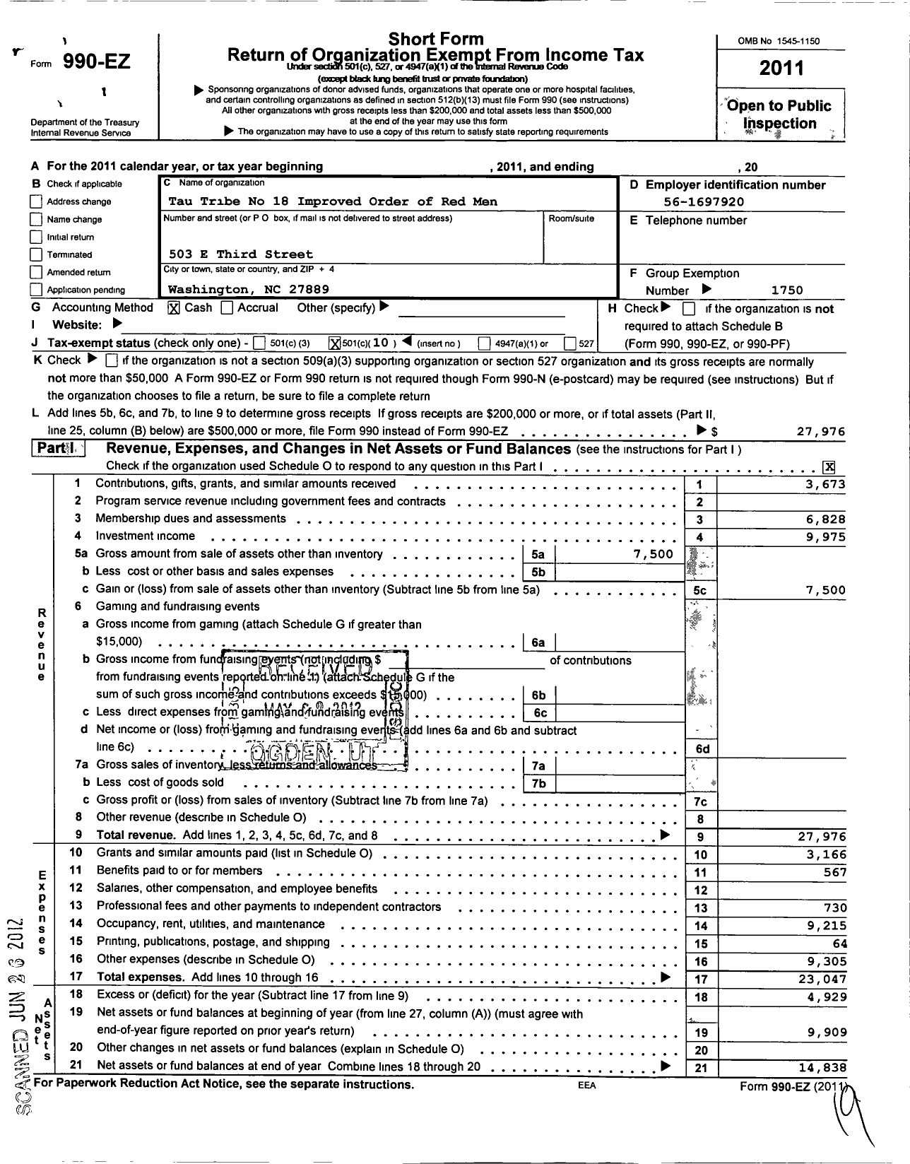 Image of first page of 2011 Form 990EO for Improved Order of Red Men of North Carolina - 18 Tau Tribe