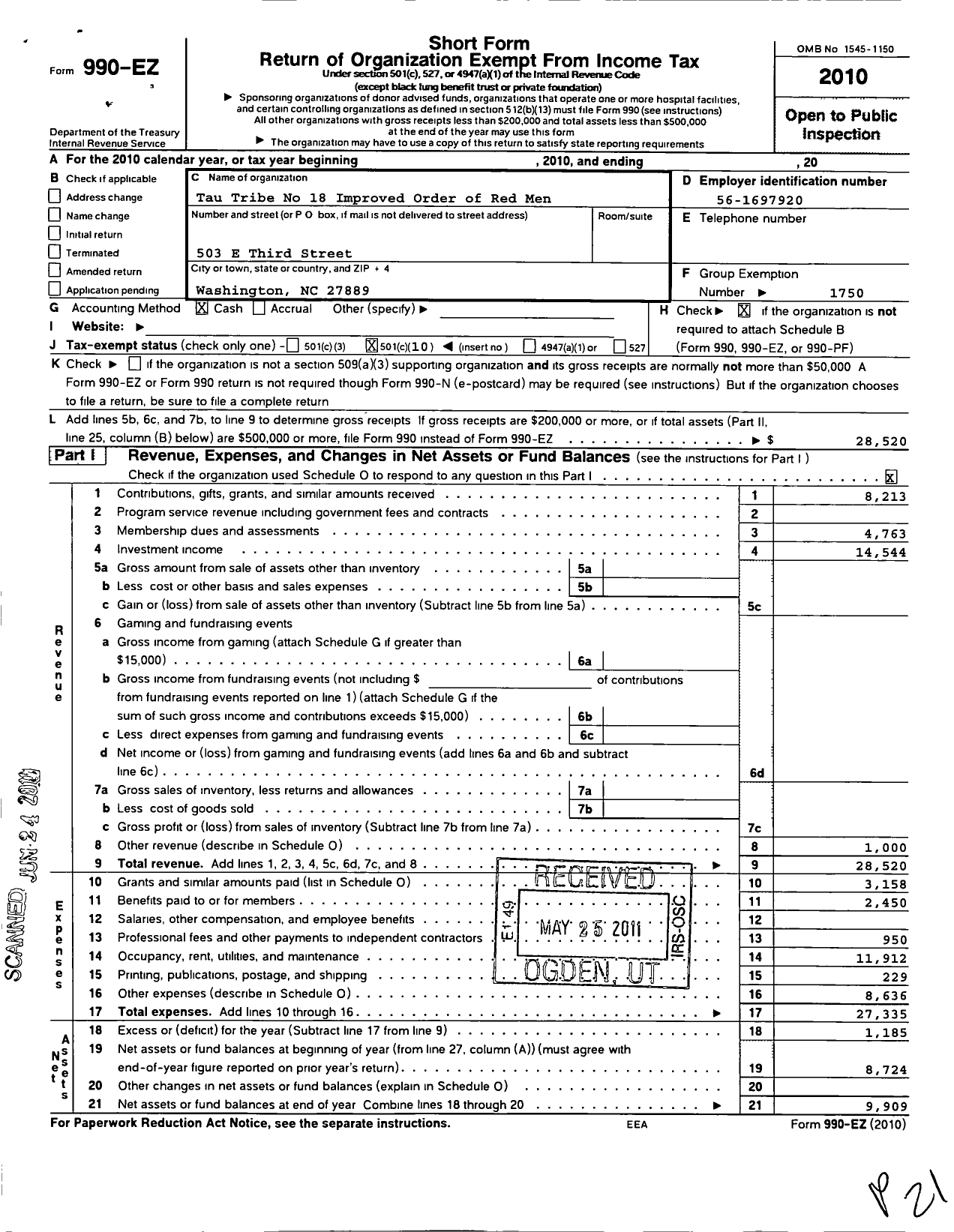 Image of first page of 2010 Form 990EO for Improved Order of Red Men of North Carolina - 18 Tau Tribe