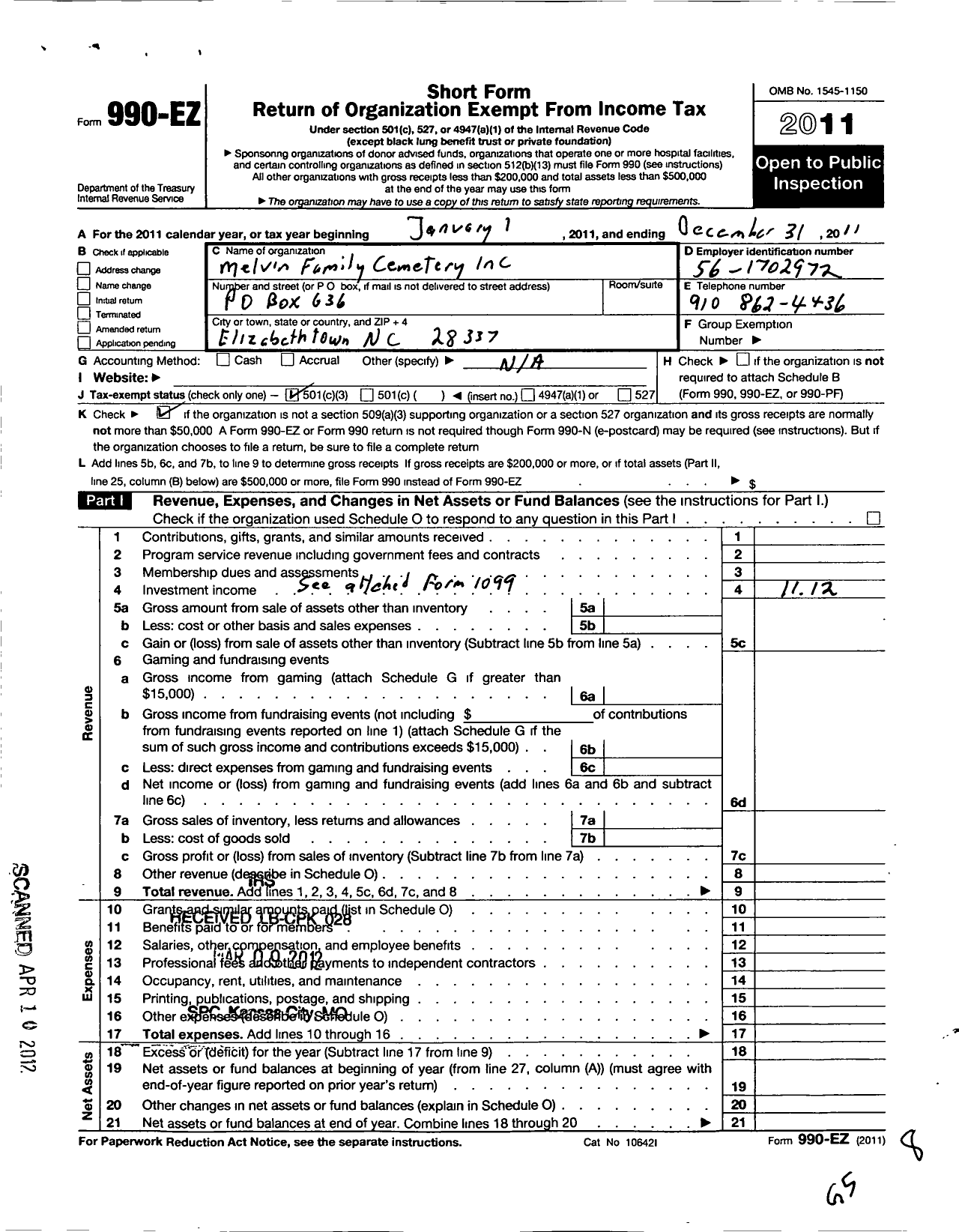 Image of first page of 2011 Form 990EZ for Melvin Cemetery