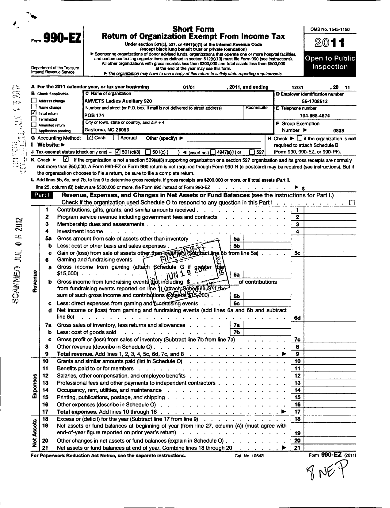 Image of first page of 2011 Form 990EZ for AMVETS - 920 NC Ladies Auxiliary