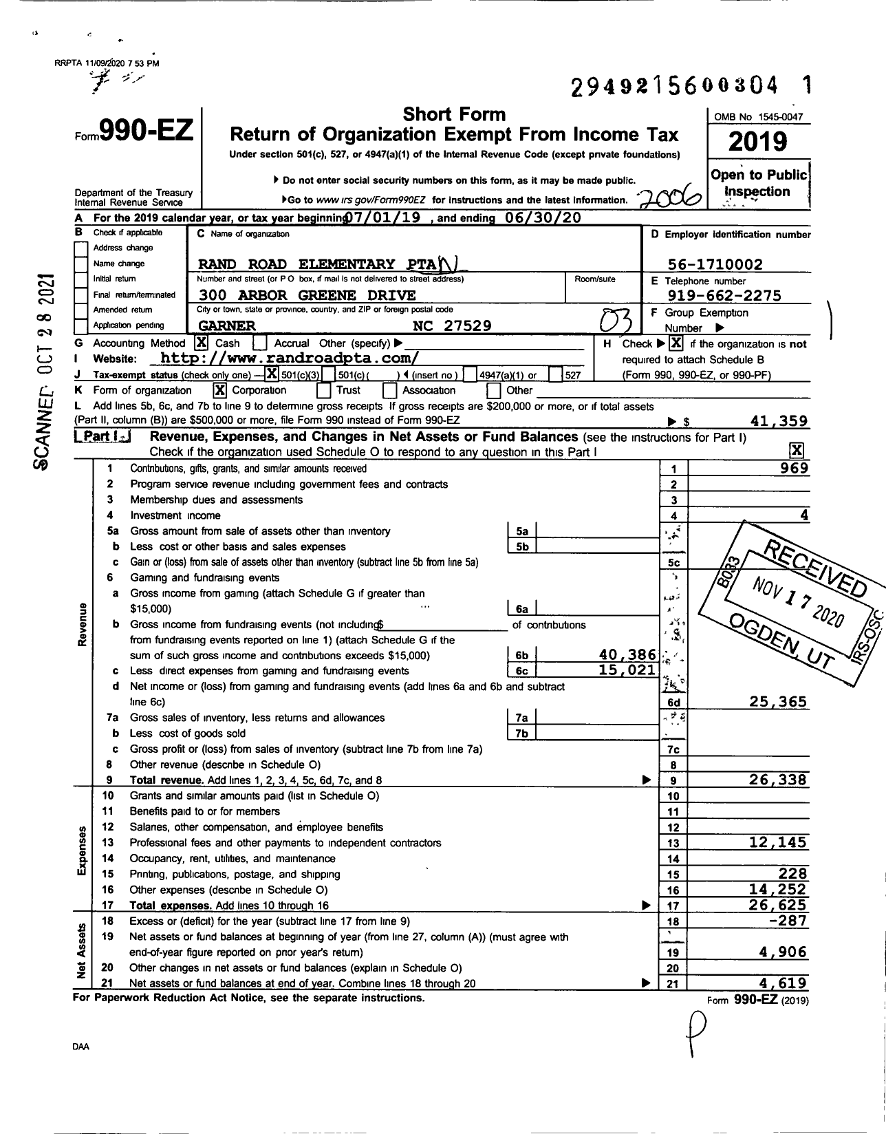 Image of first page of 2019 Form 990EZ for North Carolina PTA - Rand Road Elementary School PTA