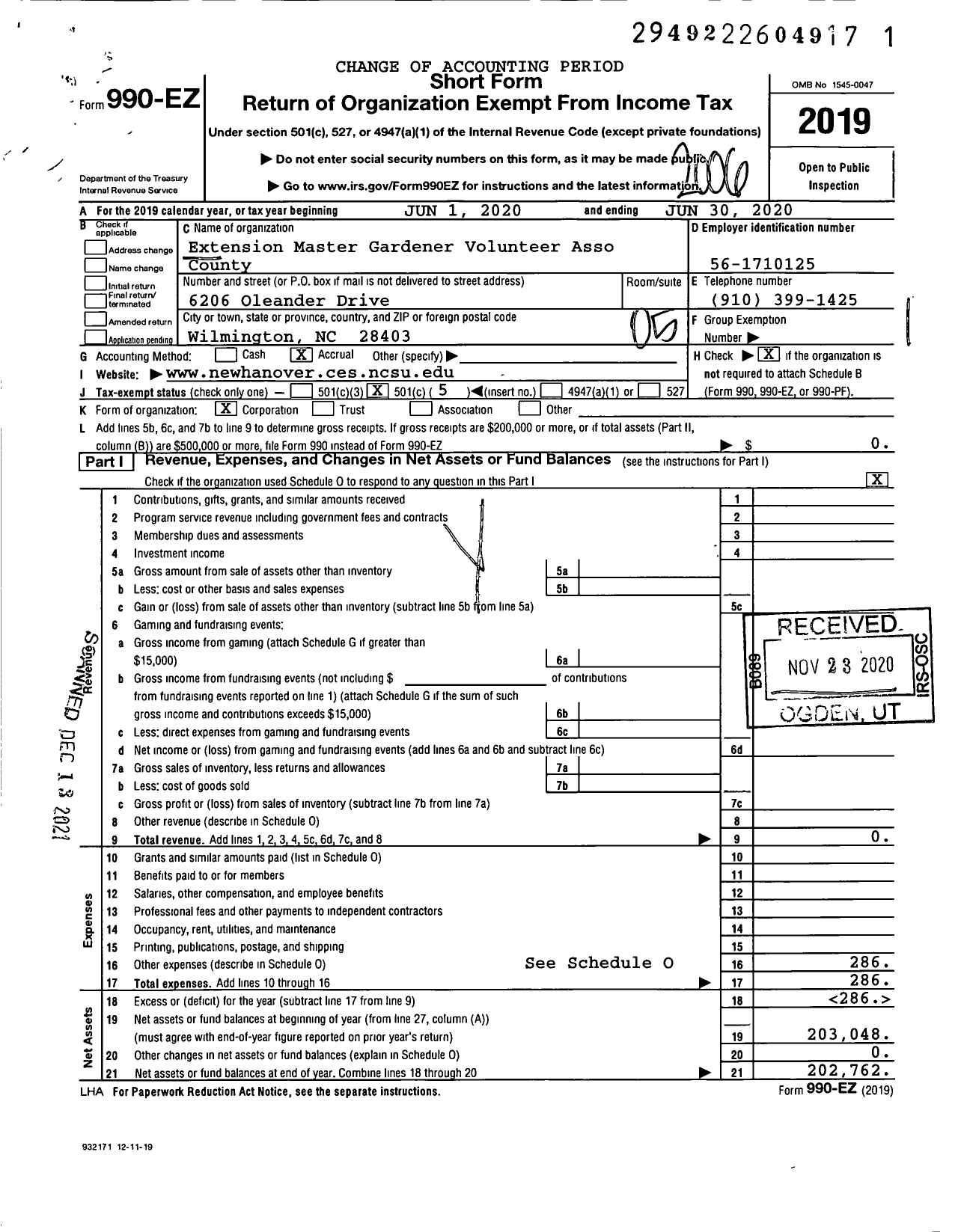 Image of first page of 2019 Form 990EO for Extension Master Gardener Volunteer Association of New Hanover County