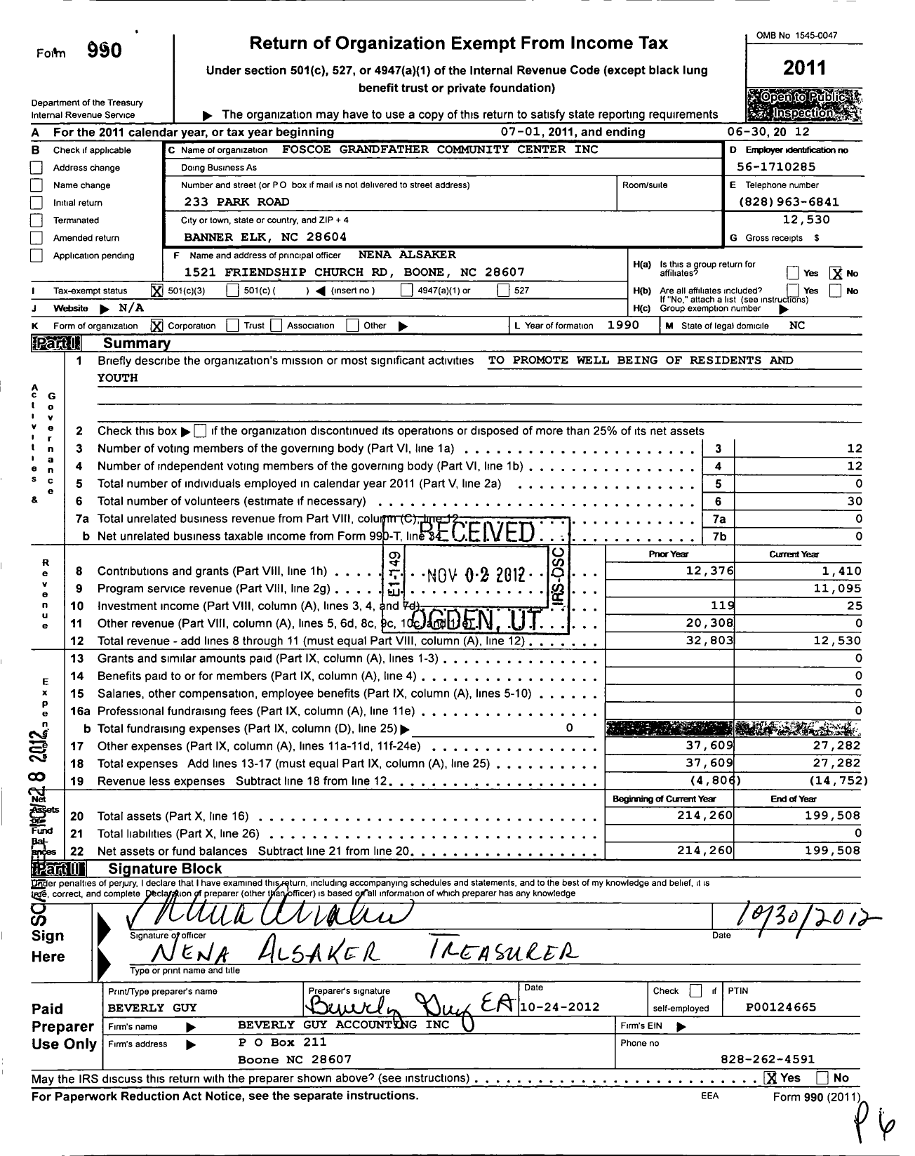 Image of first page of 2011 Form 990 for Foscoe Grandfather Community Center