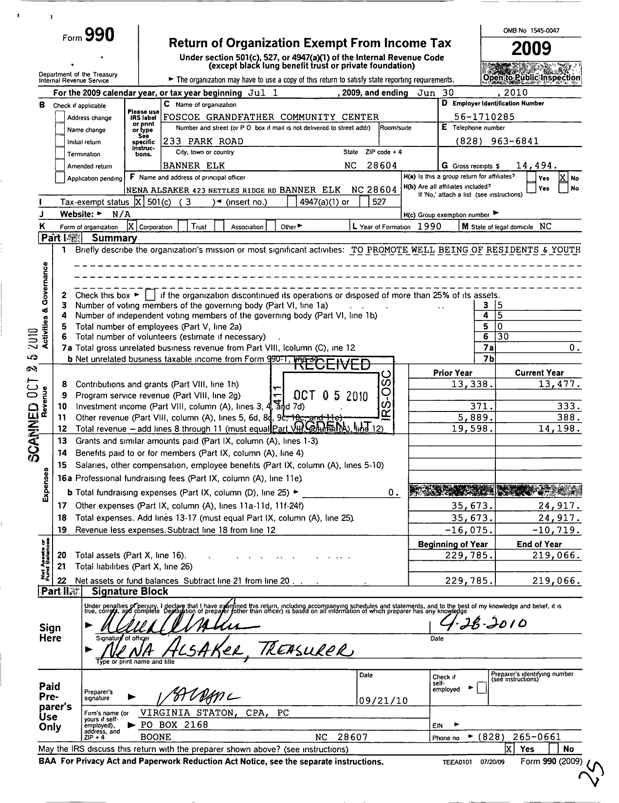 Image of first page of 2009 Form 990 for Foscoe Grandfather Community Center