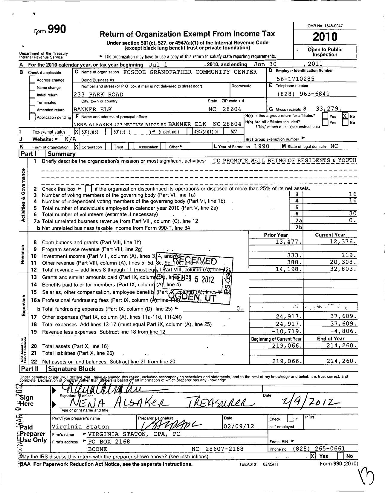 Image of first page of 2010 Form 990 for Foscoe Grandfather Community Center